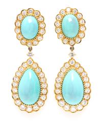 A Pair of Yellow Gold, Turquoise and Diamond Pendant Convertible Earclips, 18.00 dwts.