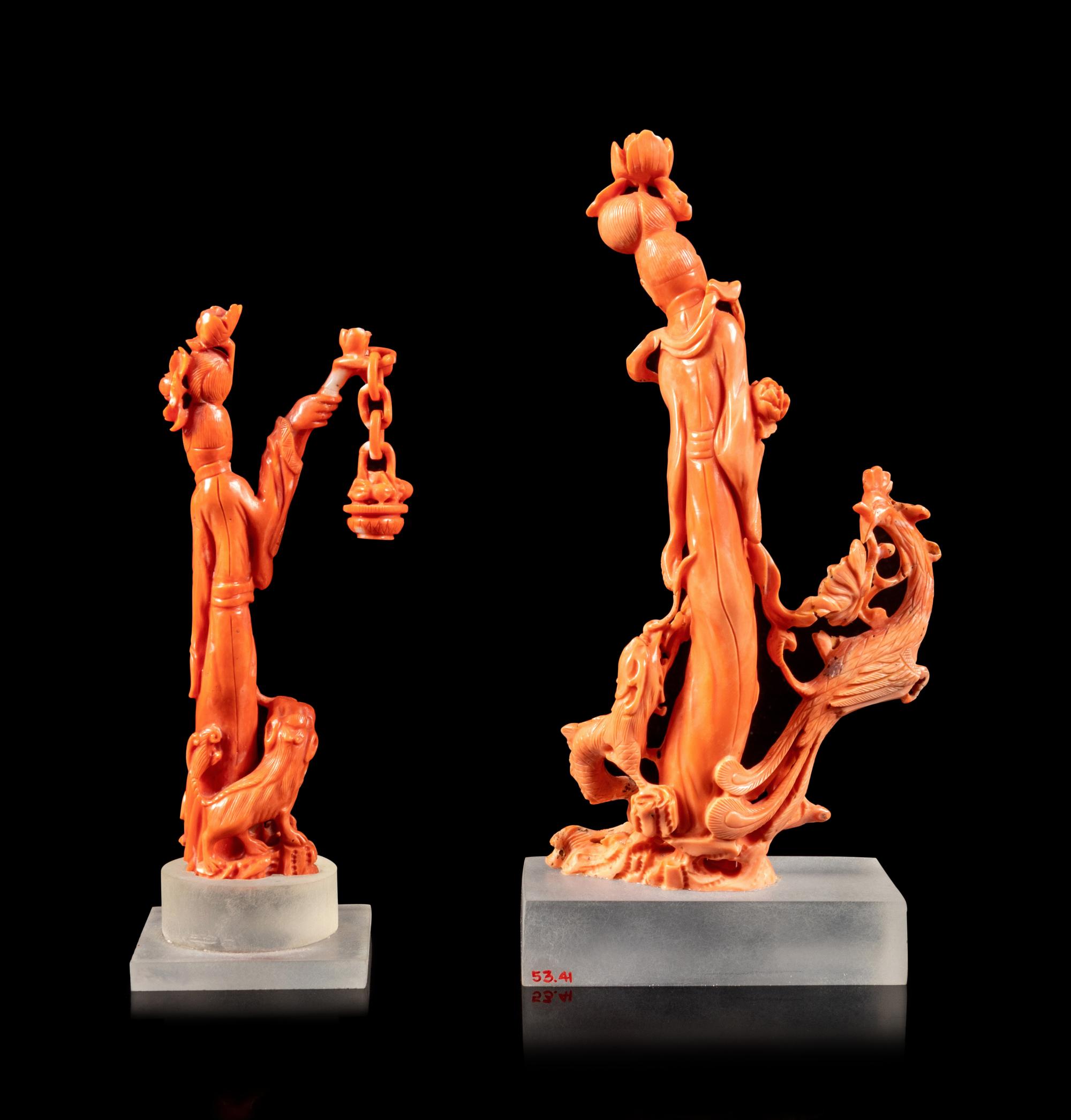 Two Carved Coral Lady's Figures