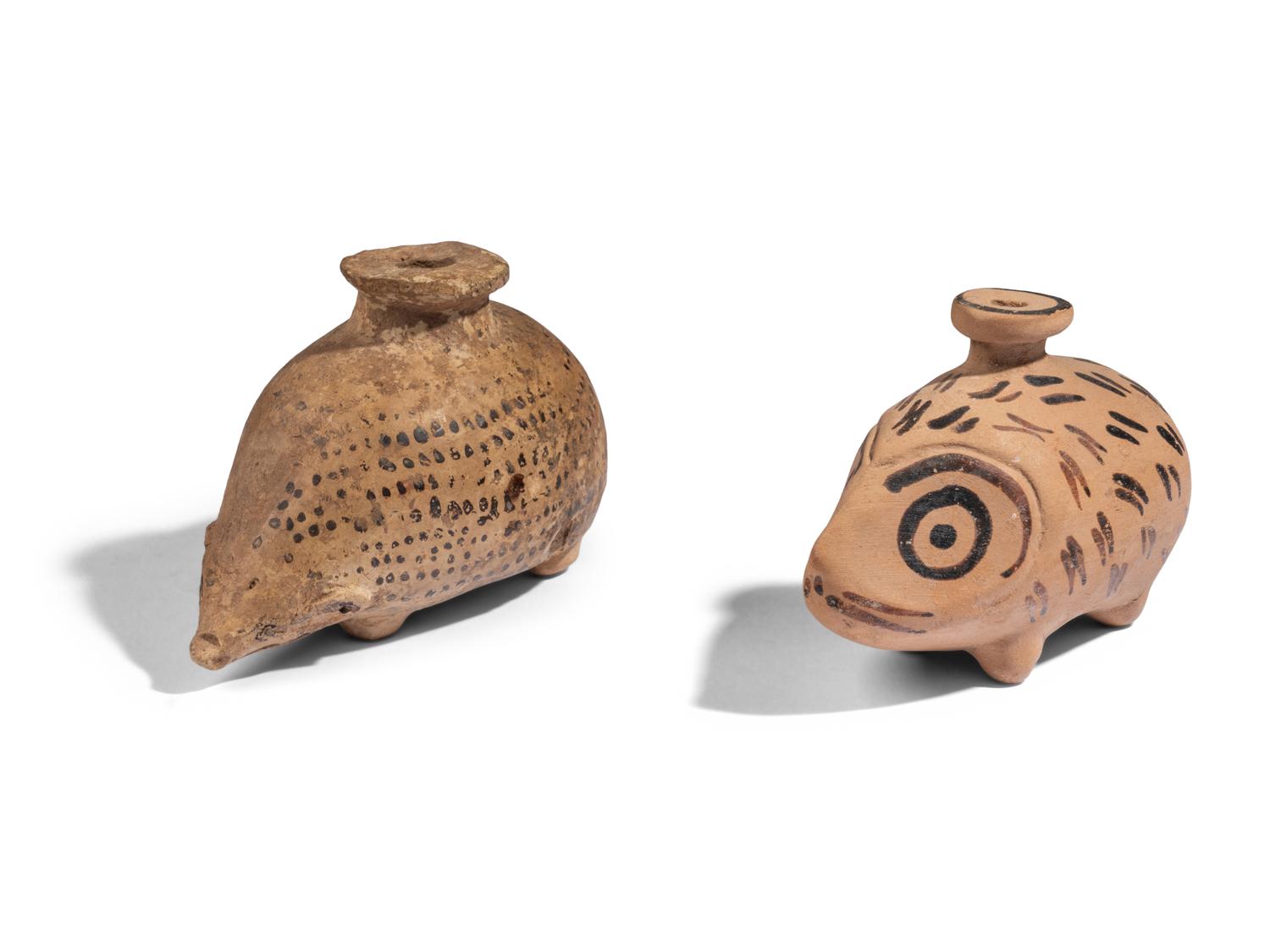 Two Greek Pottery Aryballoi in the form of Hedgehogs
