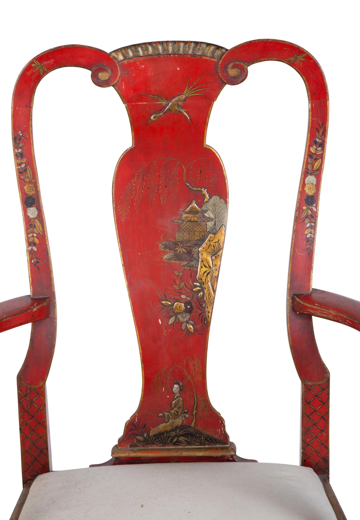 A Pair of Queen Anne Style Red Lacquer and Parcel Gilt Armchairs — 20TH CENTURY