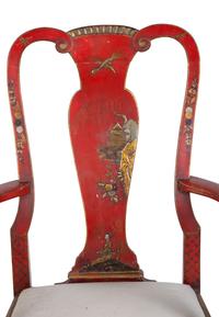 A Pair of Queen Anne Style Red Lacquer and Parcel Gilt Armchairs — 20TH CENTURY