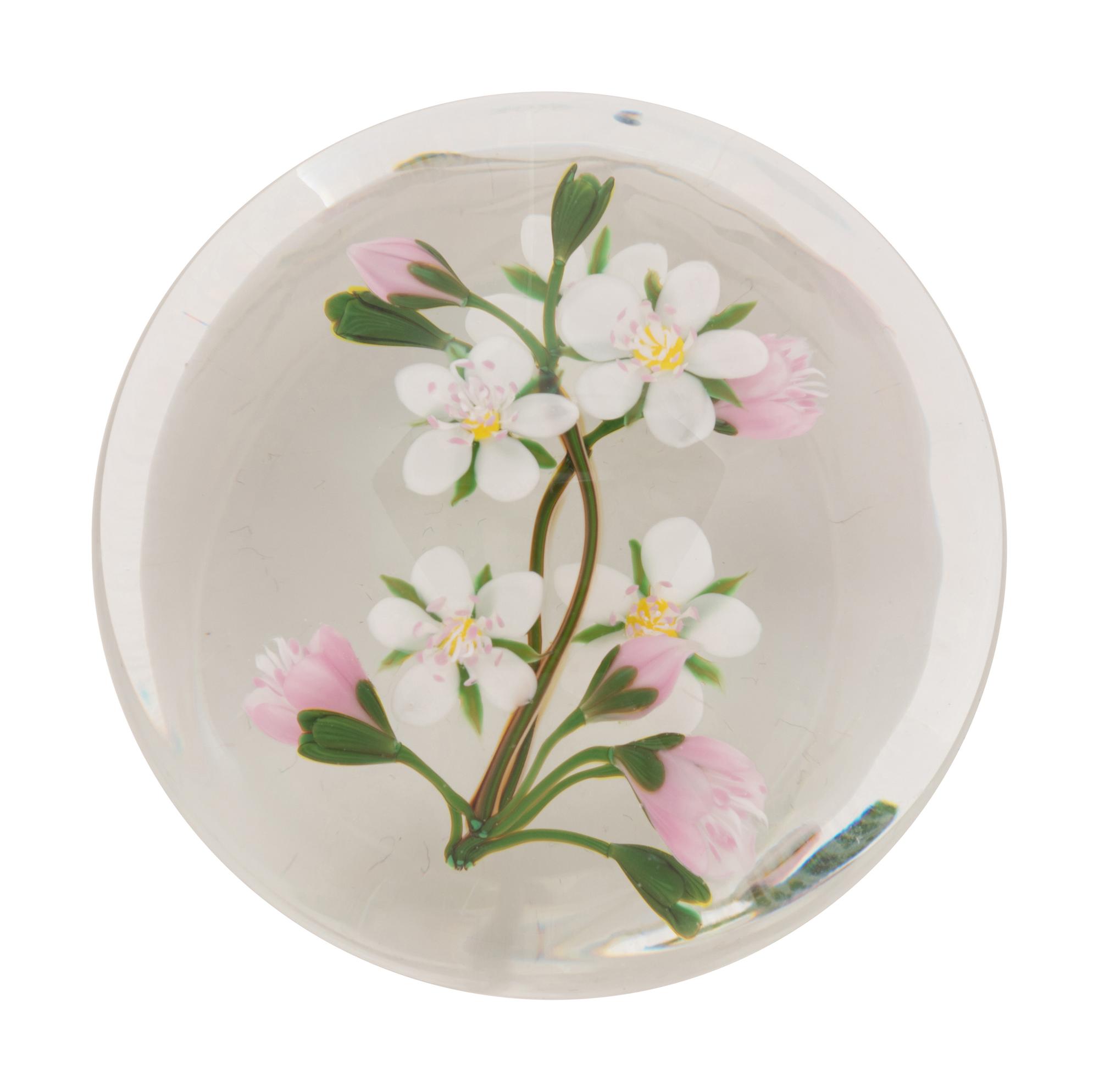A Paul Stankard Pink and White Buds and Flowers Glass Paperweight