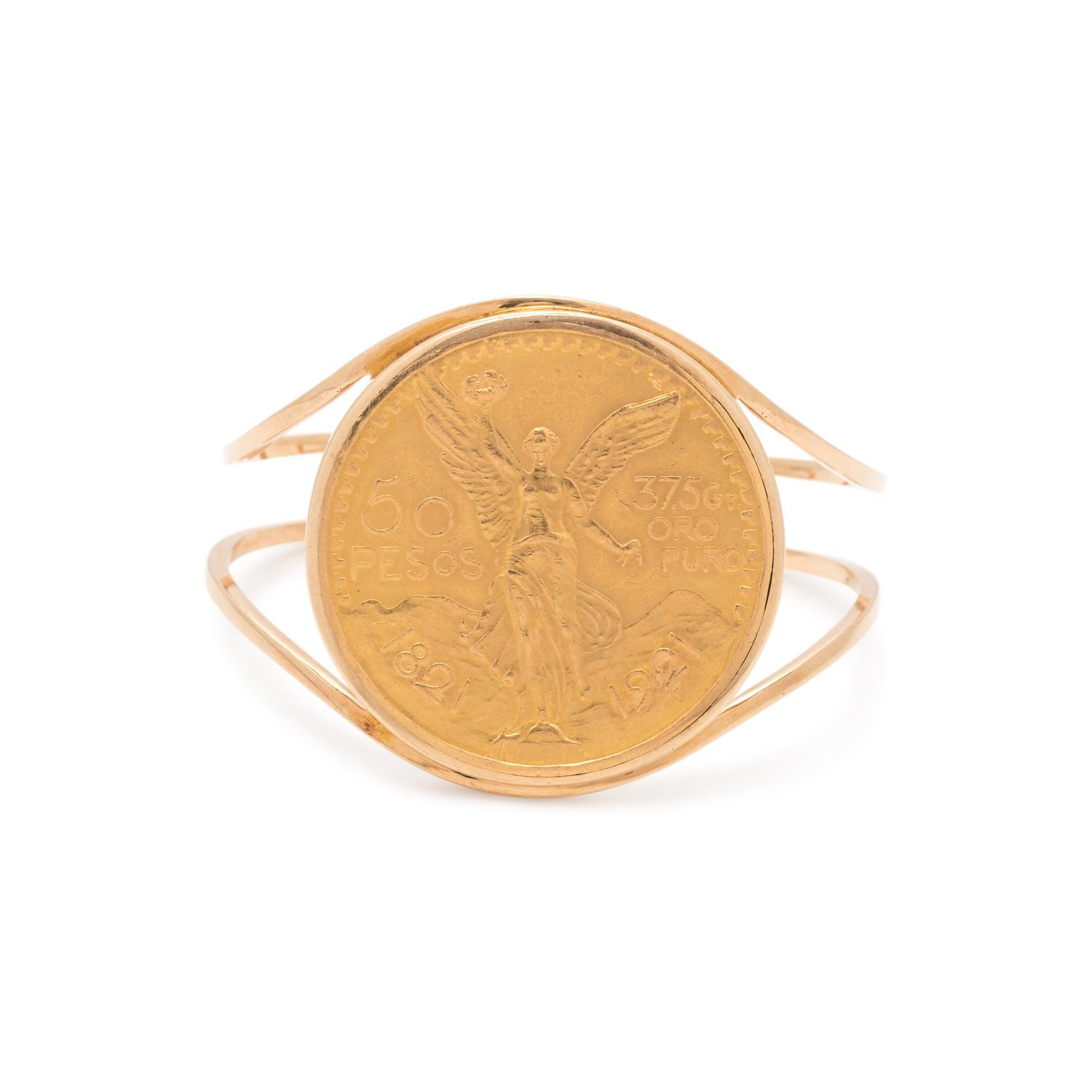 YELLOW GOLD AND MEXICAN 50 PESOS COIN CUFF BRACELET
