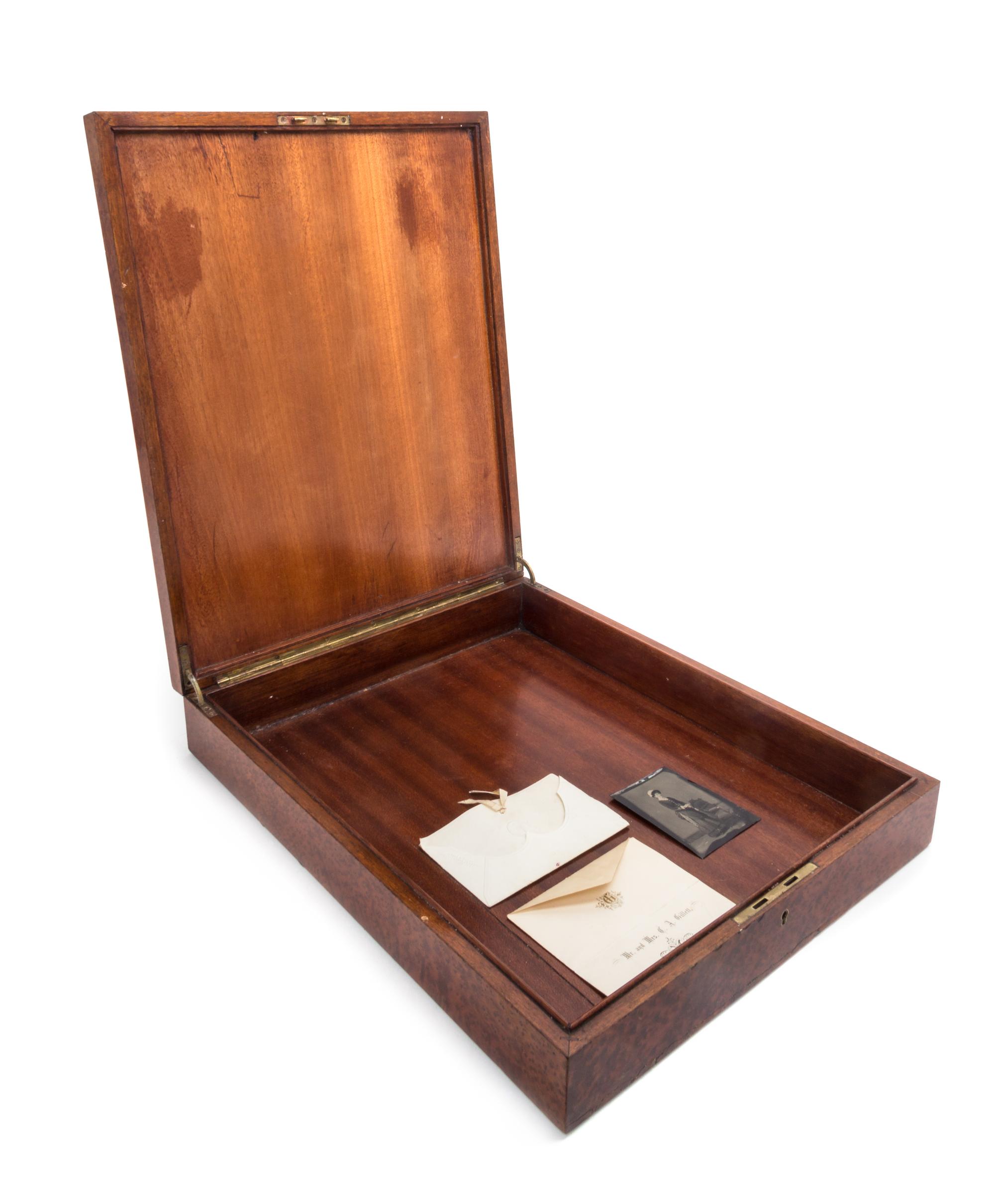 A French Bird's Eye Maple Document Box Height 3 1/2 x width 17 1/2 x depth 14 inches.