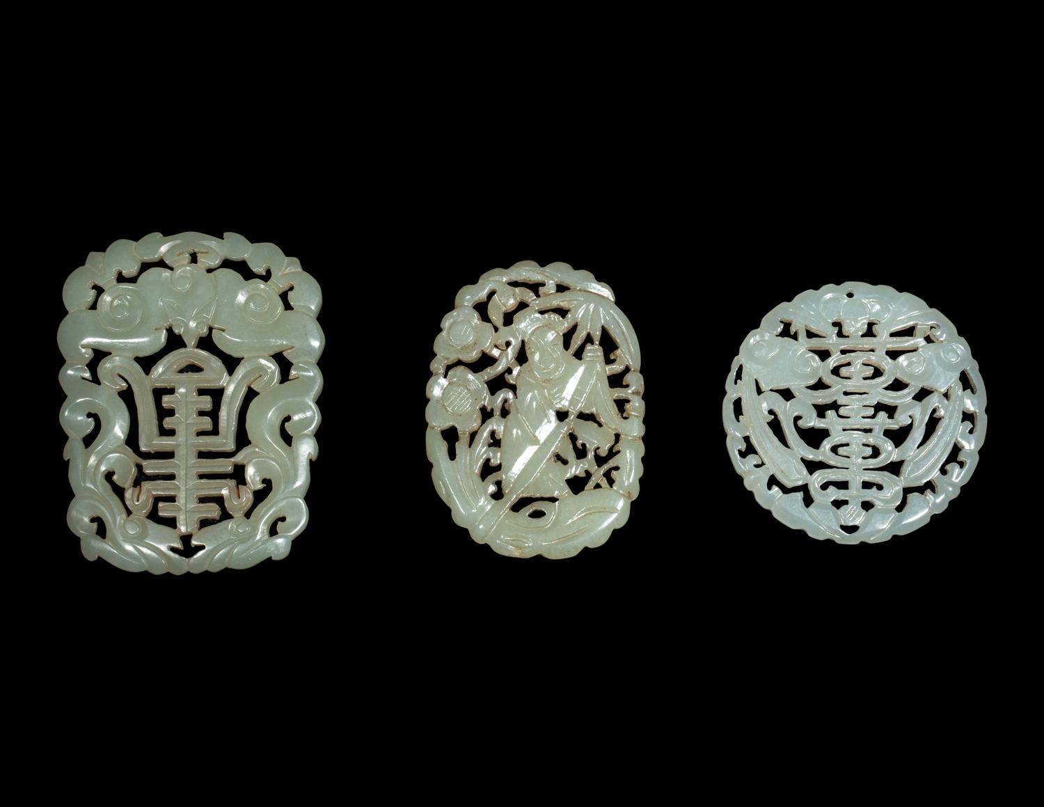 Three Chinese Celadon Jade Reticulated Plaques