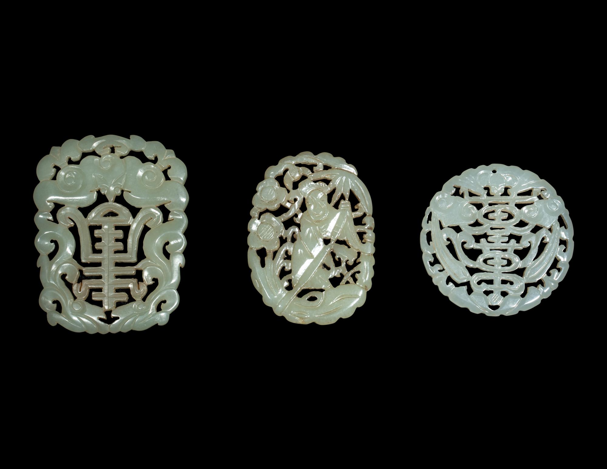 Three Chinese Celadon Jade Reticulated Plaques
