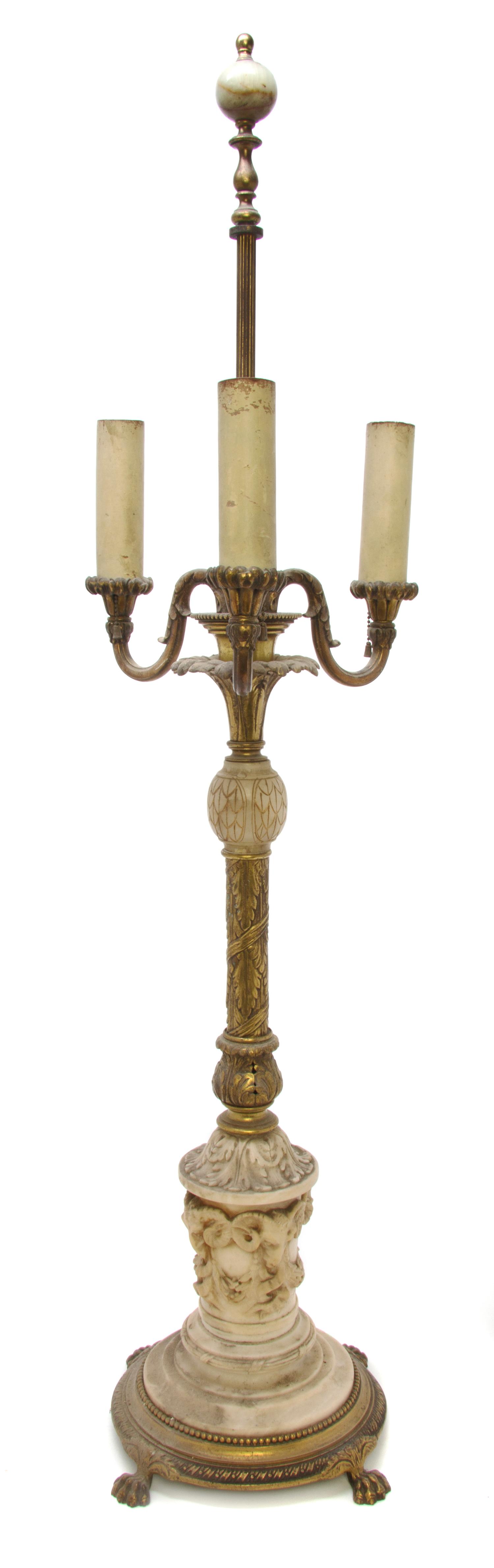 An Italian Neoclassical Gilt Bronze and Gilt Metal Mounted Alabaster Table Lamp, Height overall 38 inches.