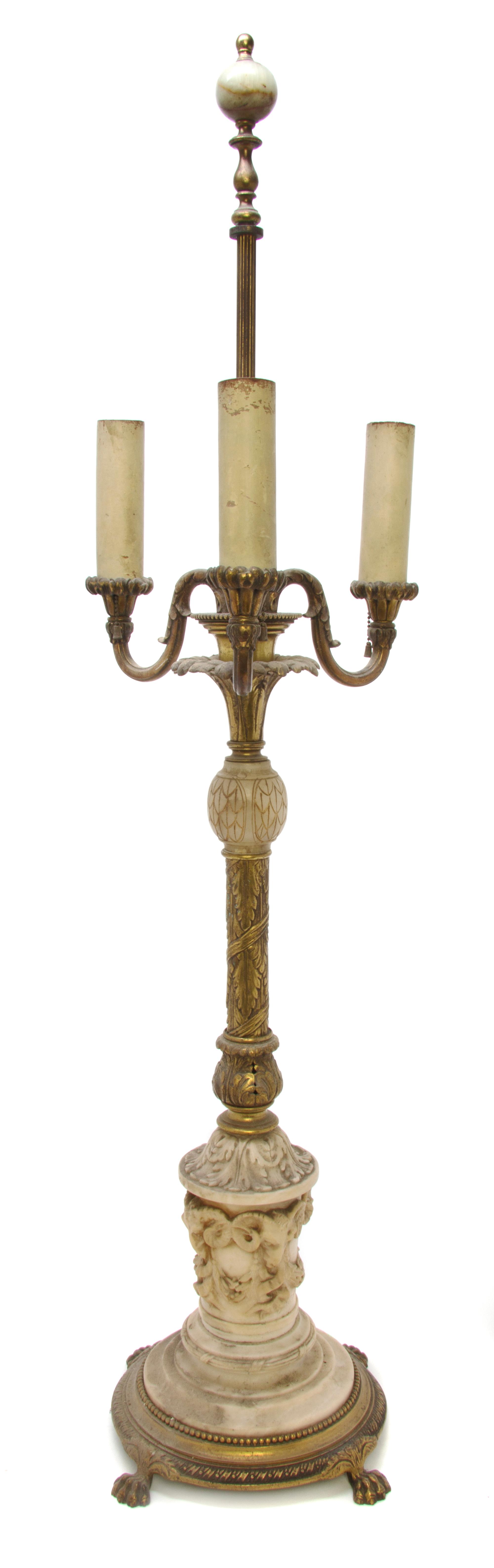 An Italian Neoclassical Gilt Bronze and Gilt Metal Mounted Alabaster Table Lamp, Height overall 38 inches.
