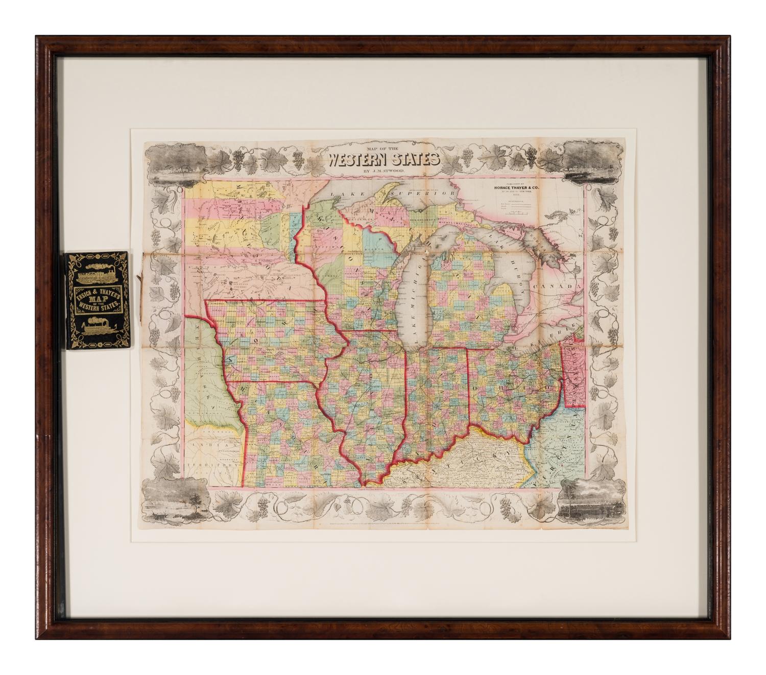 [MAPS & VIEWS]. ATWOOD, J.M. Ensign, Bridgman & Fanning’s Travellers’ Guide through the Western States [cover title]; or, Ensign, Bridgman & Fanning’s Traveller’s Guide Through the States of Ohio, Michigan, Indiana, Illinois, Missouri, Iowa, and Wisconsin . New York: Horace Thayer & Co., 1853.