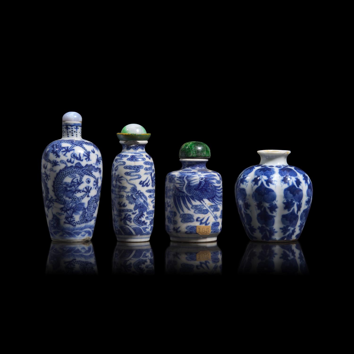 Three Chinese Blue and White Porcelain Snuff Bottles and a Snuff Jarlet, 19th Century
