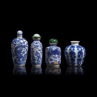 Three Chinese Blue and White Porcelain Snuff Bottles and a Snuff Jarlet, 19th Century