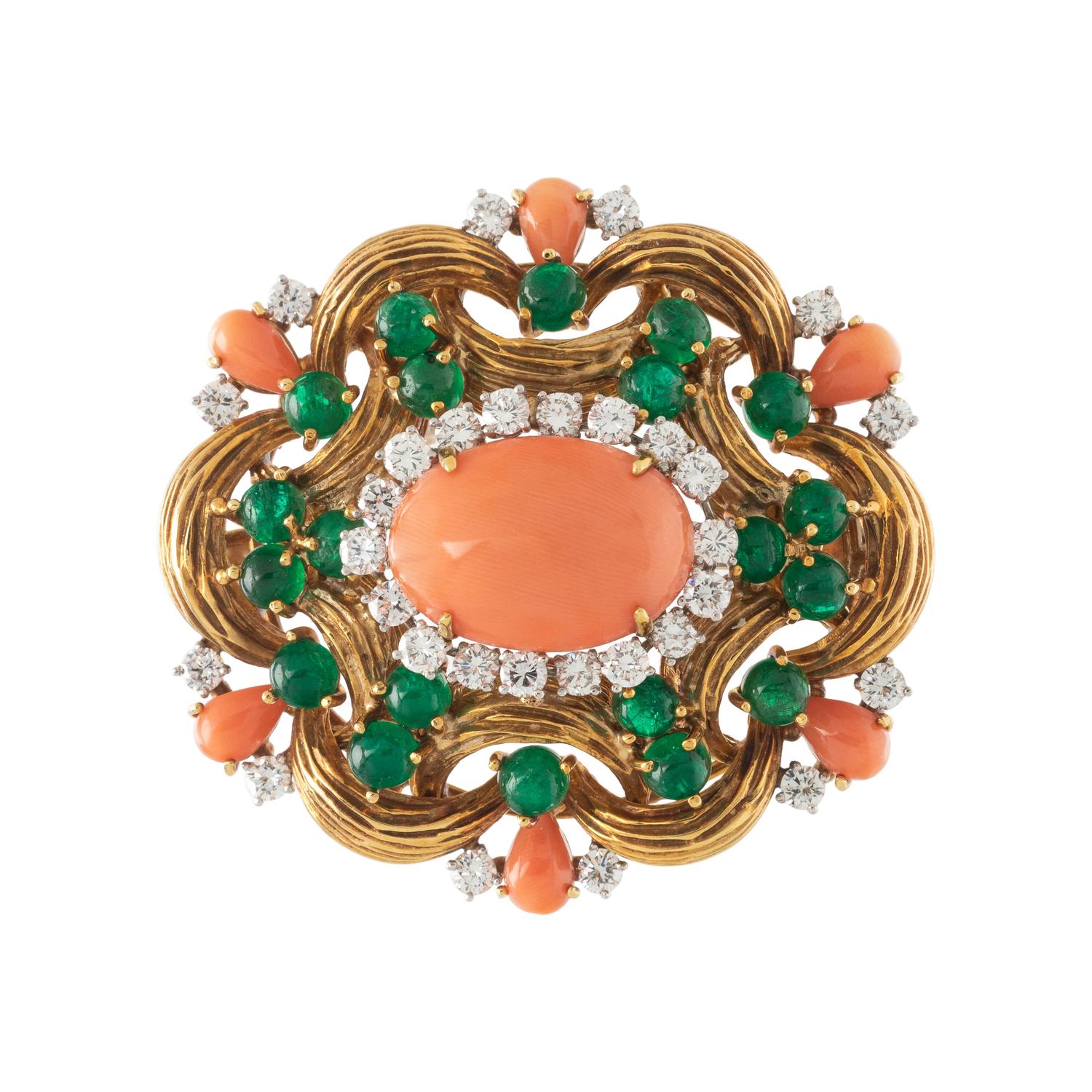 CORAL, EMERALD AND DIAMOND BROOCH