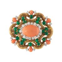 CORAL, EMERALD AND DIAMOND BROOCH