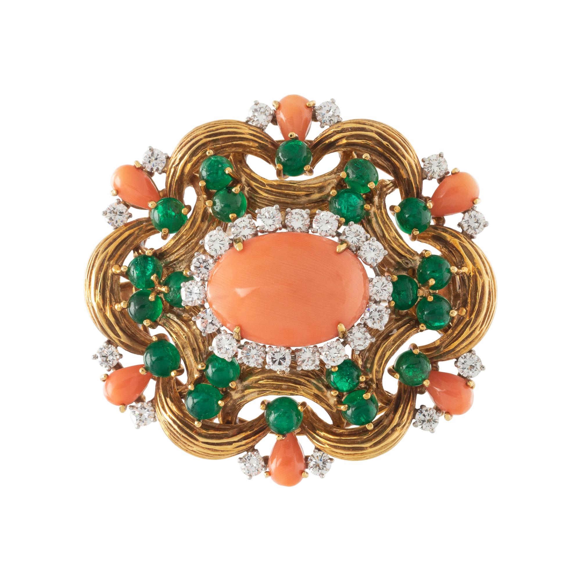 CORAL, EMERALD AND DIAMOND BROOCH