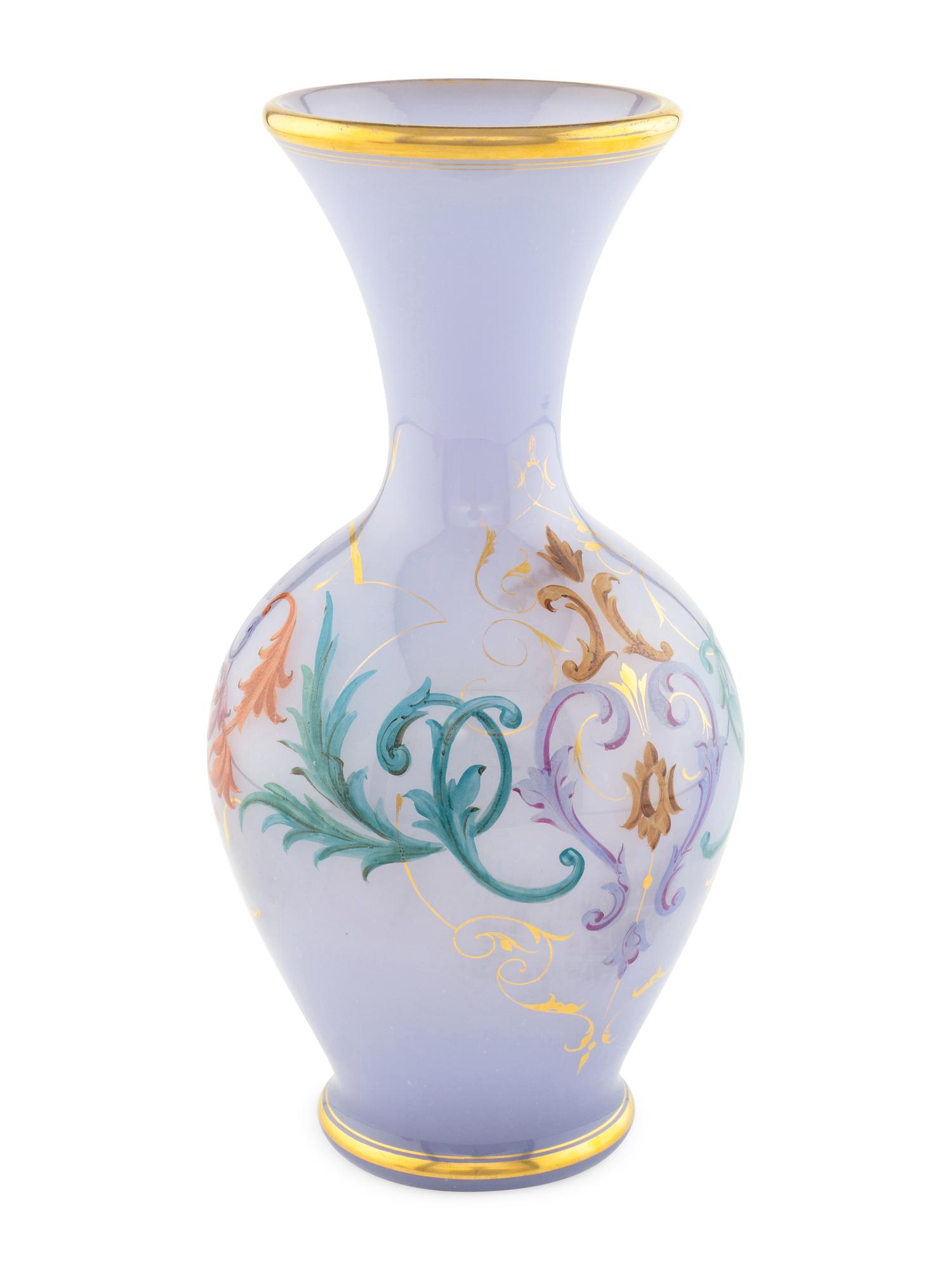 A French Painted and Parcel Gilt Lavender Opaline Glass Vase