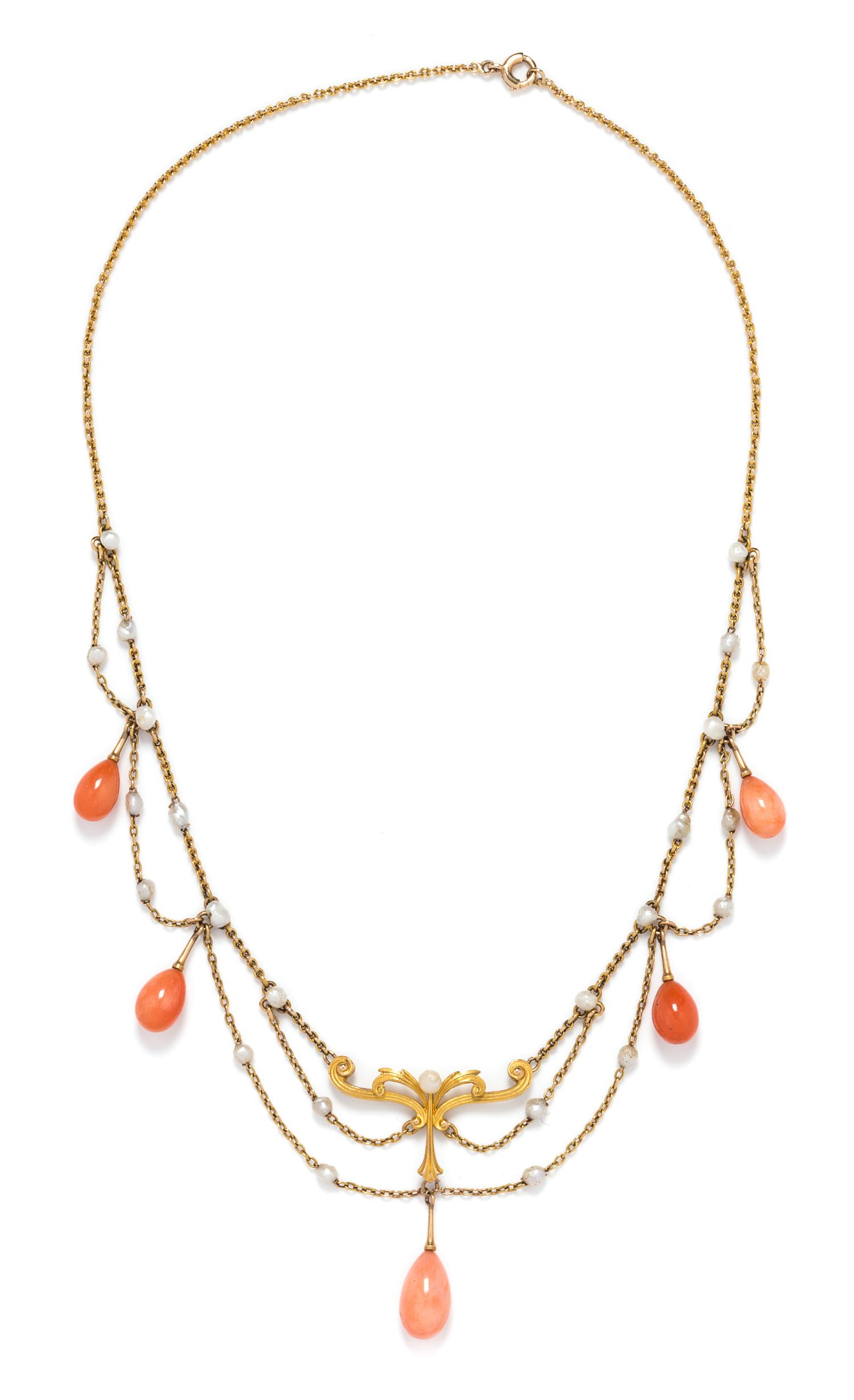 An Art Nouveau Yellow Gold, Coral and Seed Pearl Swag Necklace, 7.40 dwts.