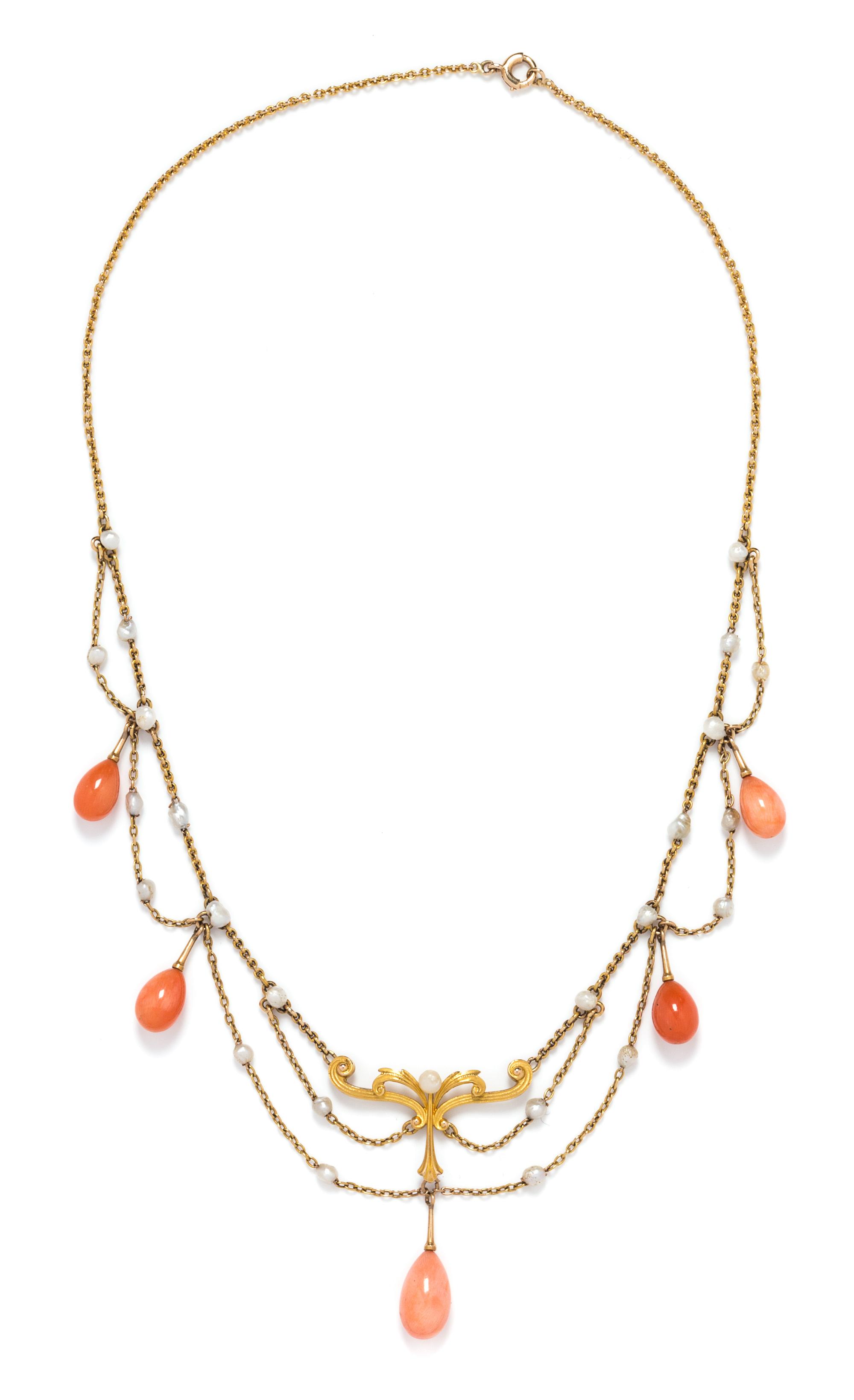 An Art Nouveau Yellow Gold, Coral and Seed Pearl Swag Necklace, 7.40 dwts.