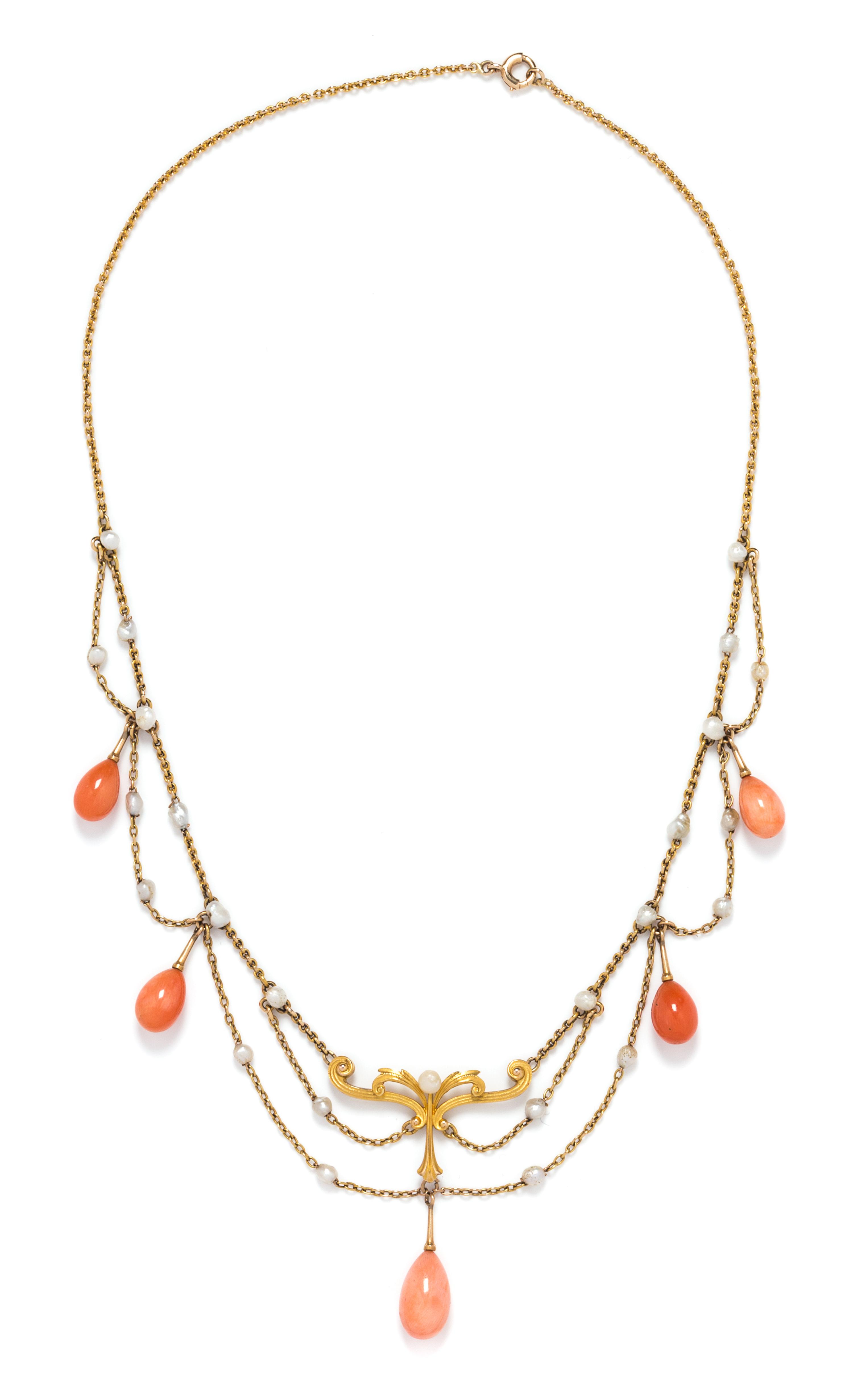 An Art Nouveau Yellow Gold, Coral and Seed Pearl Swag Necklace, 7.40 dwts.