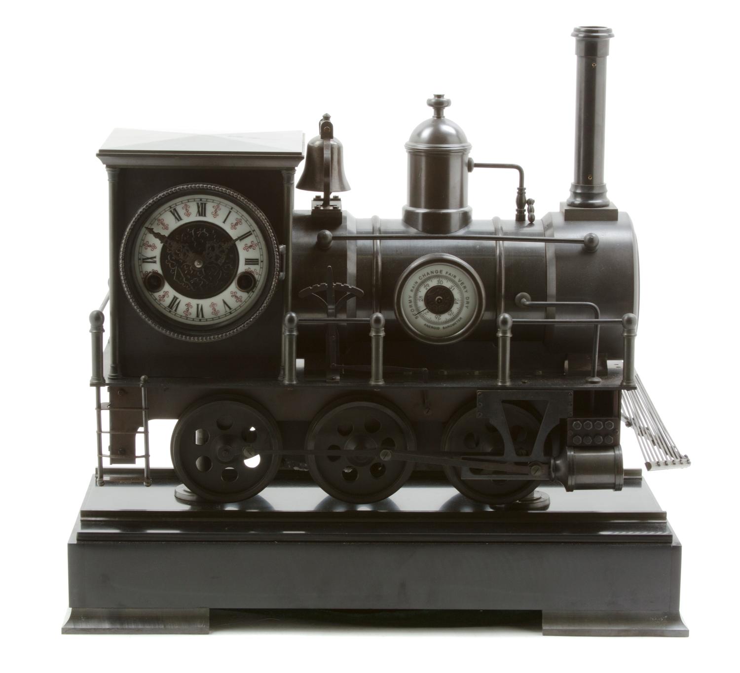 A French Bronze Industrial Style Steam Locomotive Mantel Clock, Width overall 18 3/8 inches.