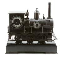 A French Bronze Industrial Style Steam Locomotive Mantel Clock, Width overall 18 3/8 inches.