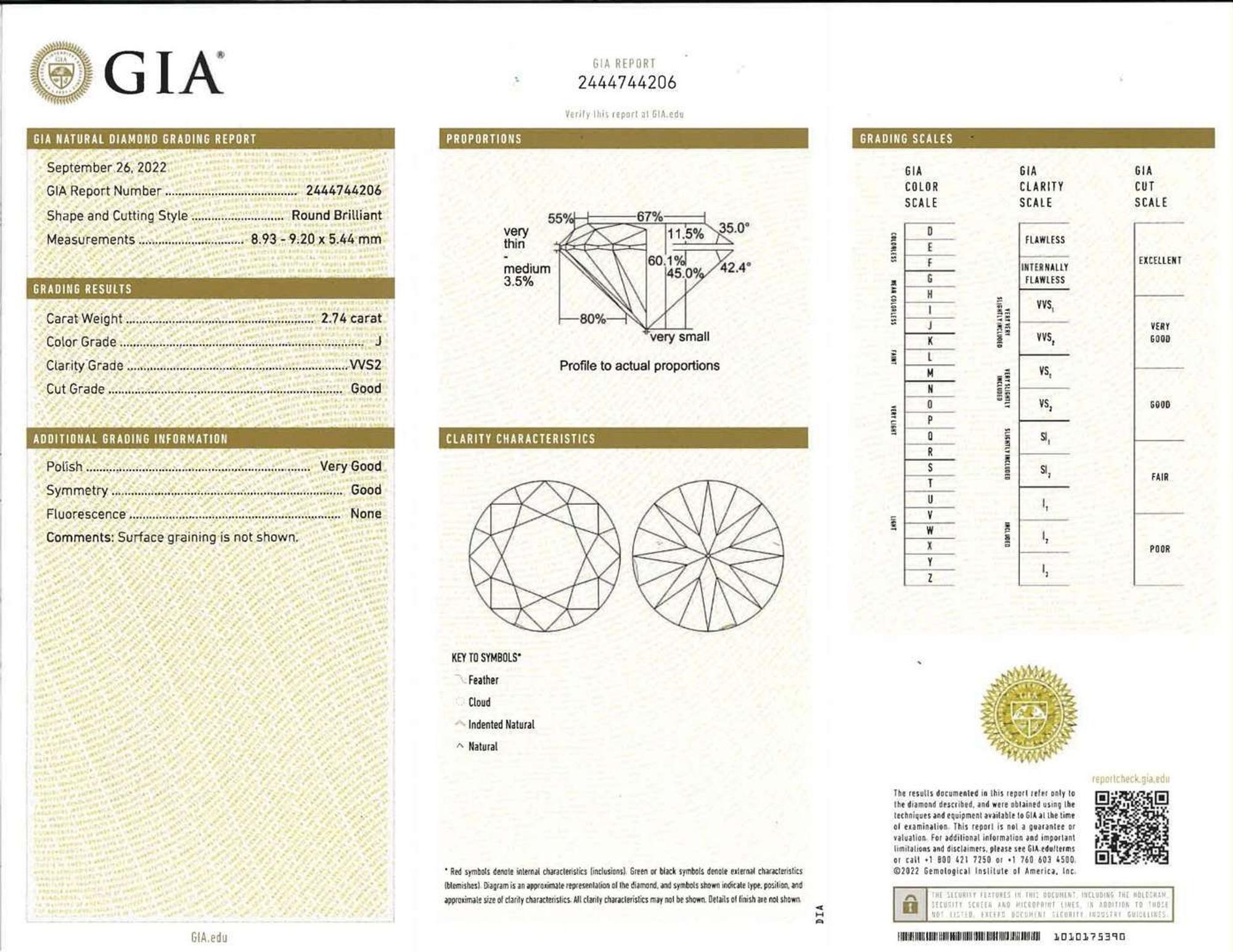 A Three Stone Diamond Ring 2.74 Carat Round Brilliant Diamond, GIA Certified