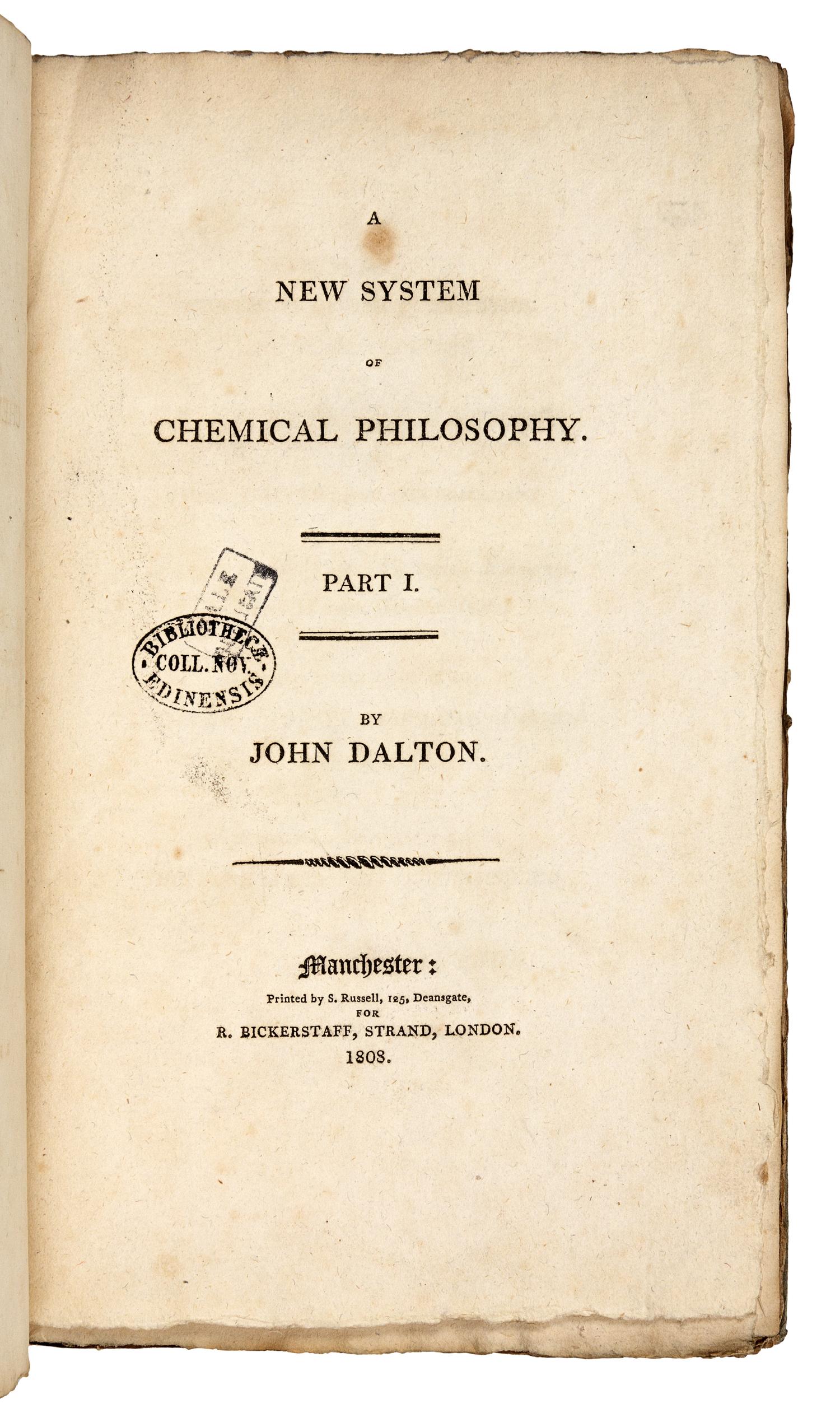 DALTON, John (1766-1844). A New System of Chemical Philosophy . Manchester: S. Russell for R. Bickerstaff, 1808 [part 1]; Russell and Allen for R. Bickerstaff, 1810 [part 2].
