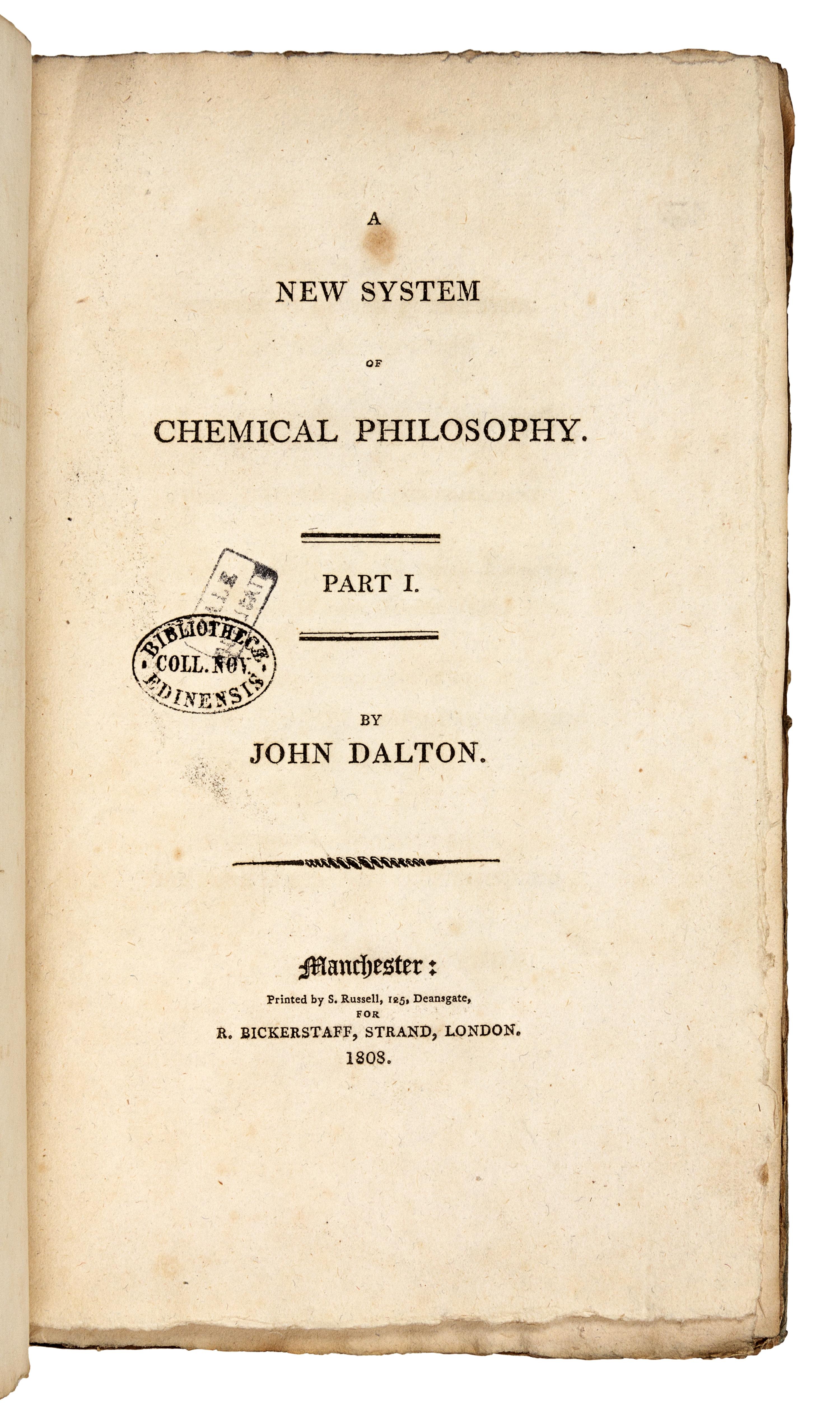 DALTON, John (1766-1844). A New System of Chemical Philosophy . Manchester: S. Russell for R. Bickerstaff, 1808 [part 1]; Russell and Allen for R. Bickerstaff, 1810 [part 2].