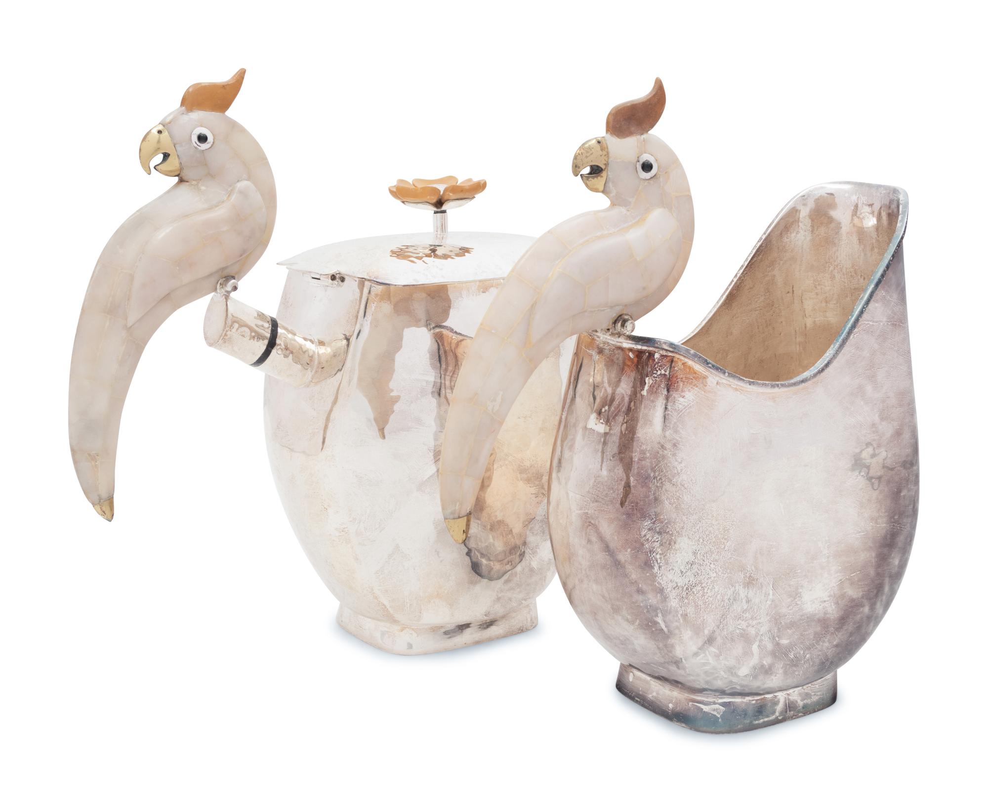 An Emilia Castillo Silver-Plate and Hardstone Mounted Teapot, Pitcher and Two Serving Spoons