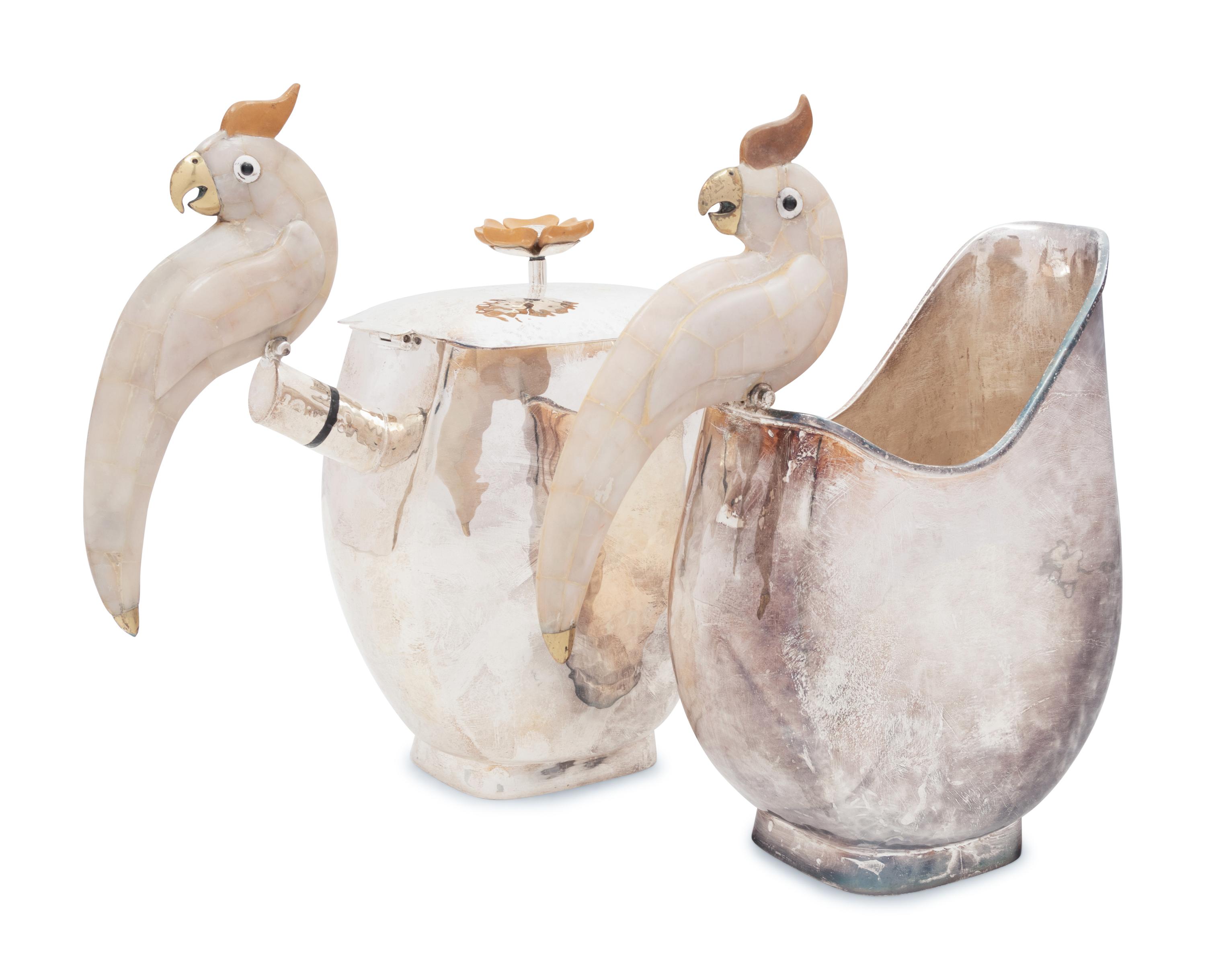 An Emilia Castillo Silver-Plate and Hardstone Mounted Teapot, Pitcher and Two Serving Spoons