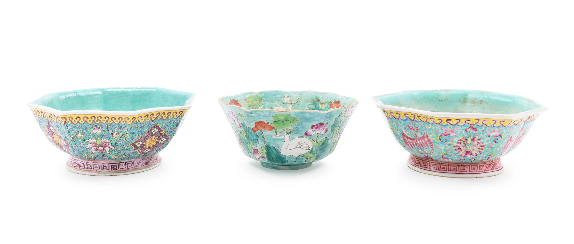 Three Chinese Famille Rose Porcelain Floriform Bowls