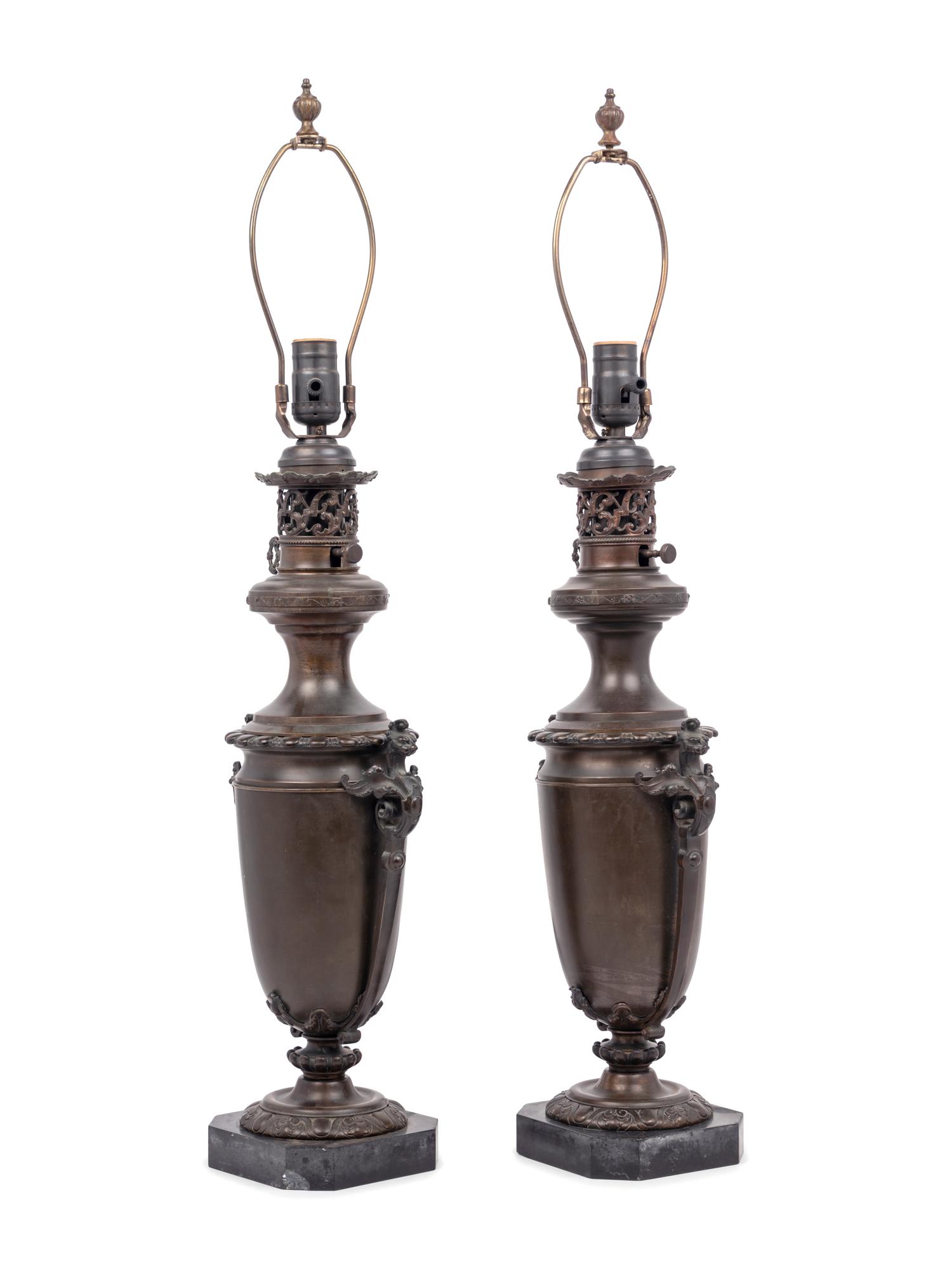 A Pair of French Neoclassical Bronze Fluid Lamps Converted to Electricity
