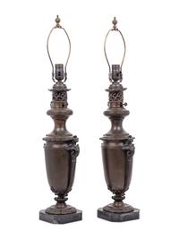 A Pair of French Neoclassical Bronze Fluid Lamps Converted to Electricity