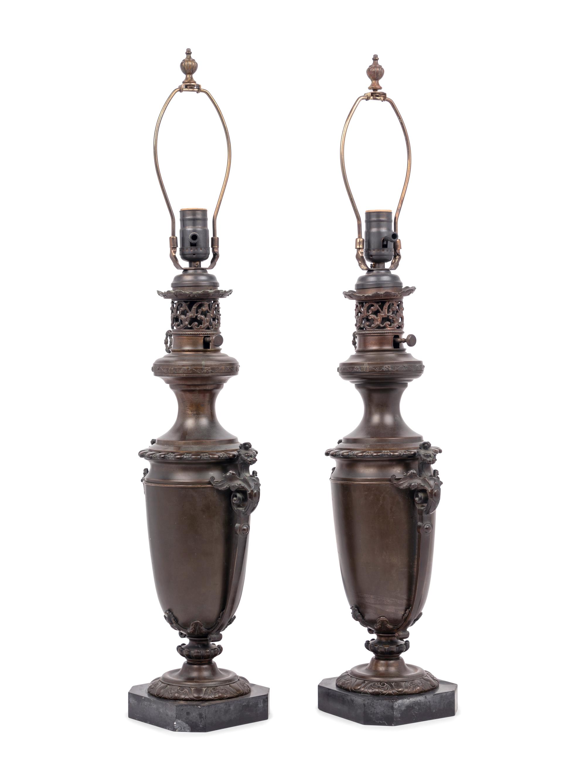A Pair of French Neoclassical Bronze Fluid Lamps Converted to Electricity