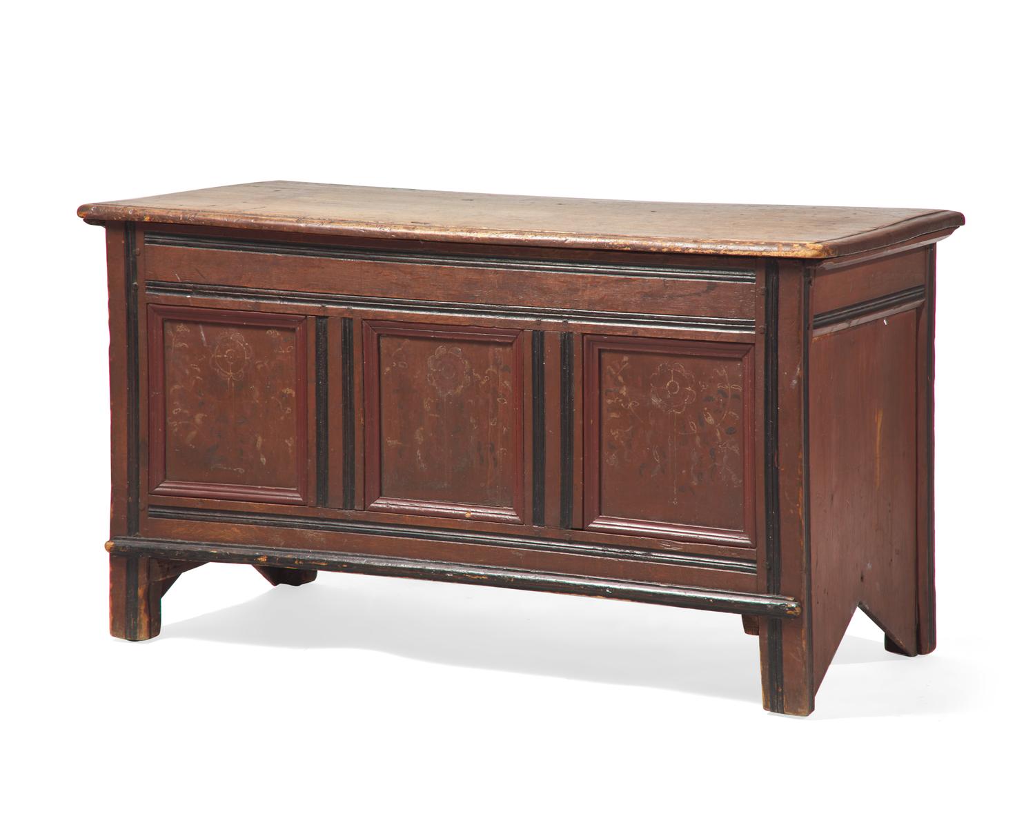 A Pilgrim Century Carved And Polychrome-Decorated Pine, Tulip Poplar and Oak Blanket Chest