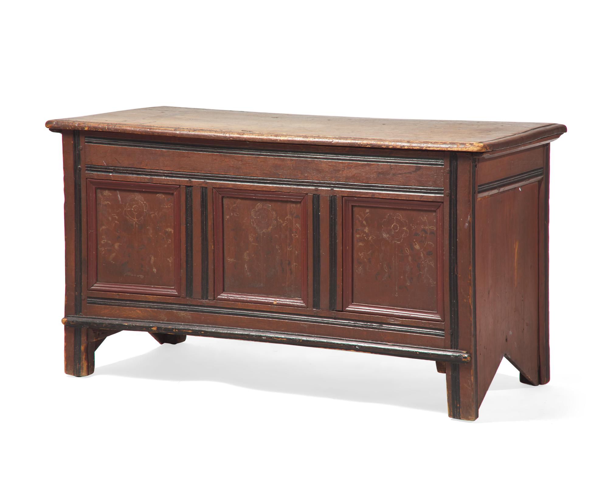 A Pilgrim Century Carved And Polychrome-Decorated Pine, Tulip Poplar and Oak Blanket Chest