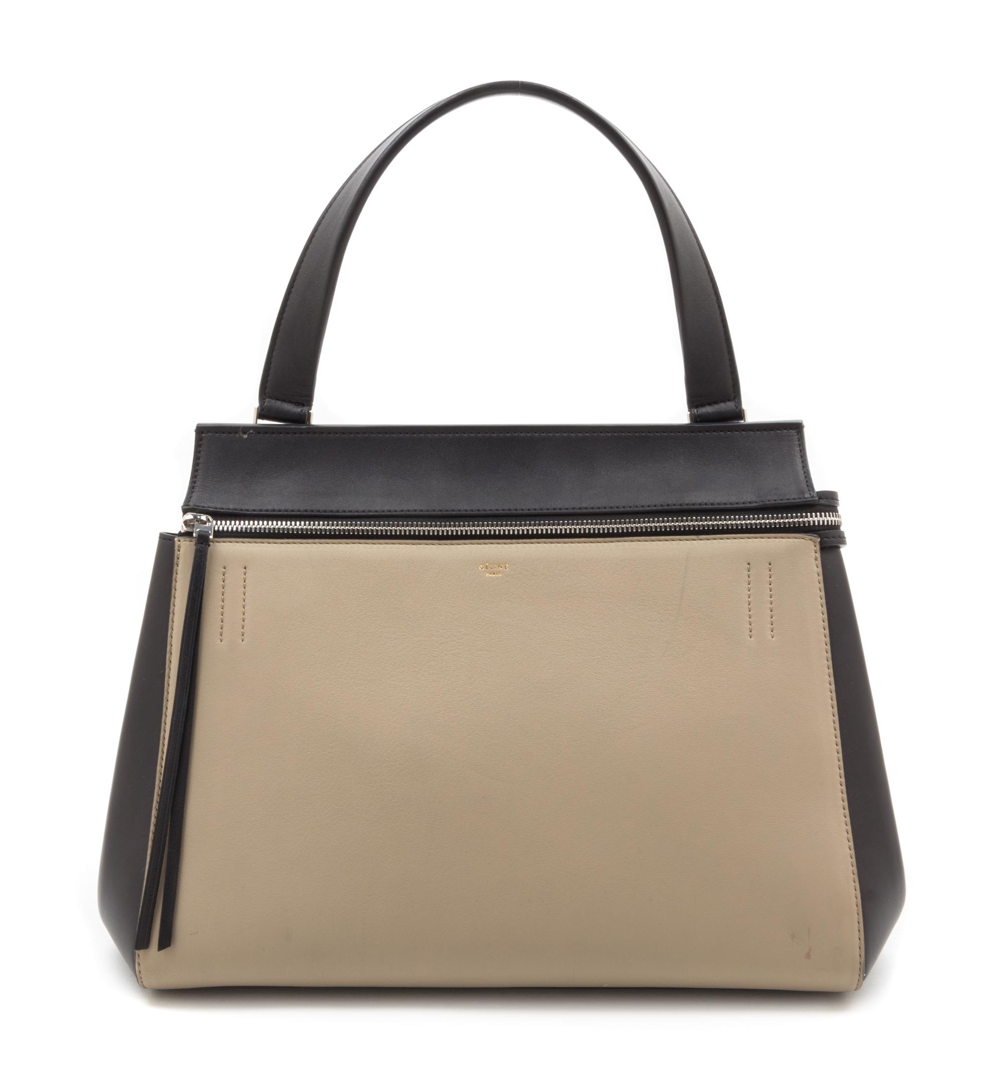 A Celine Taupe and Black Leather Edge Handbag, 14" x 11" x 7".