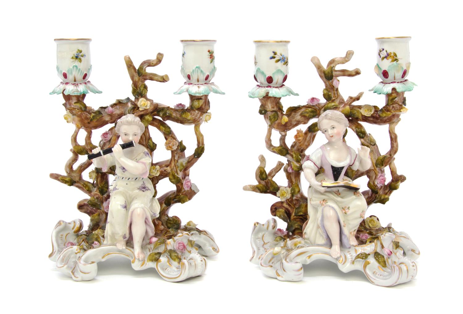 A Pair of Sitzendorf Porcelain Two-Light Figural Candelabra, Height 8 inches.