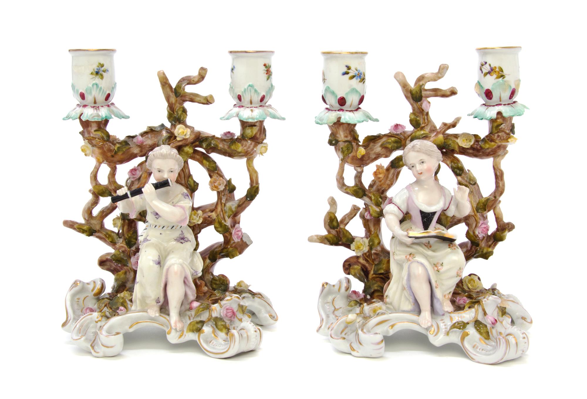 A Pair of Sitzendorf Porcelain Two-Light Figural Candelabra, Height 8 inches.