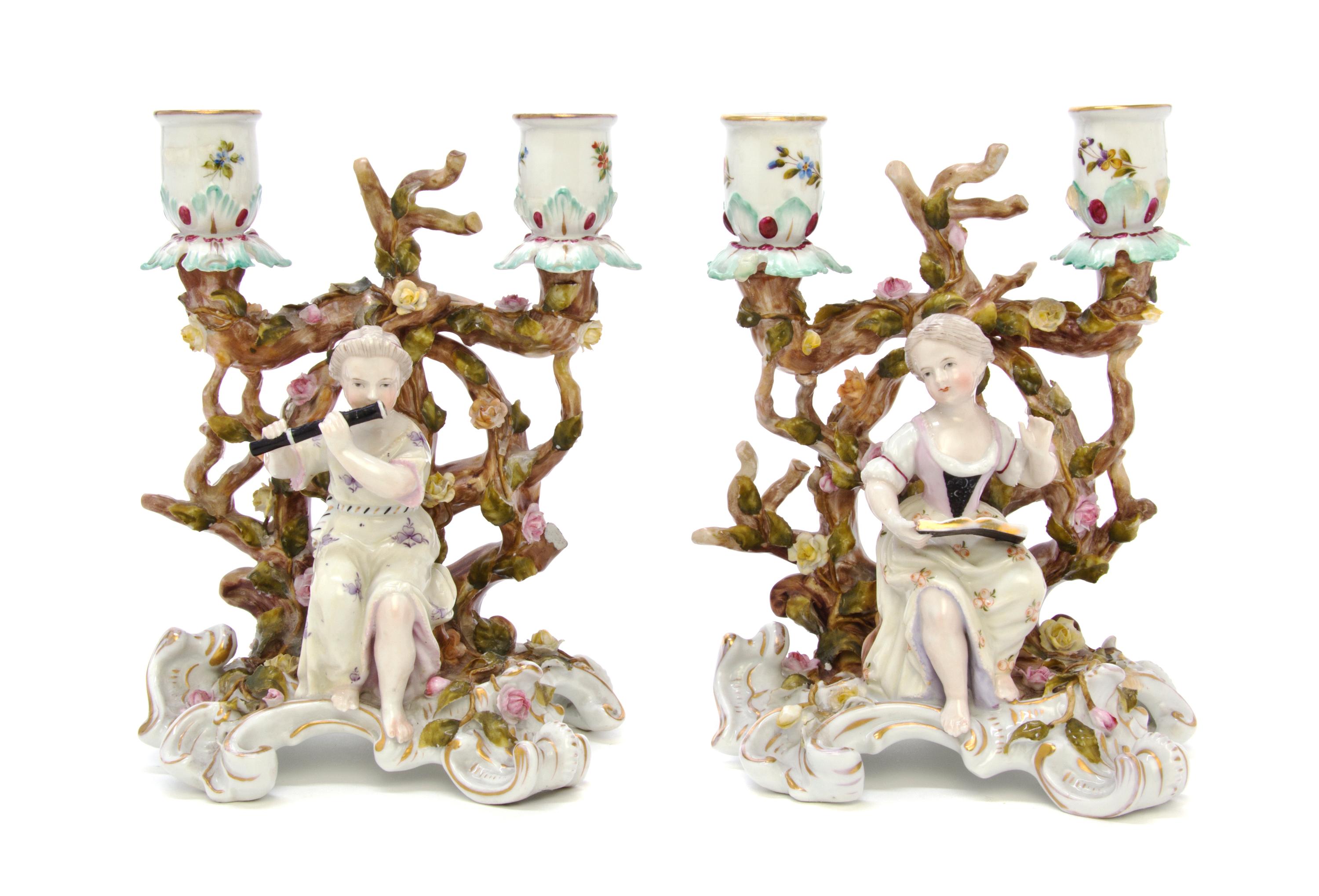 A Pair of Sitzendorf Porcelain Two-Light Figural Candelabra, Height 8 inches.