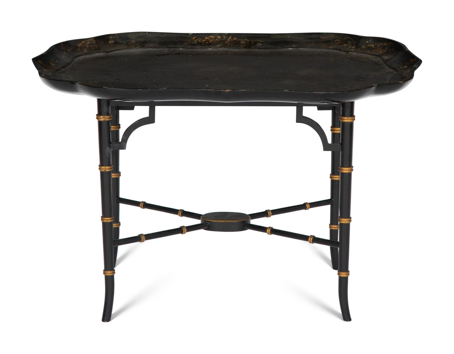 An Early Victorian Black Lacquered Papier Mache Tray on Stand