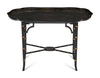 An Early Victorian Black Lacquered Papier Mache Tray on Stand