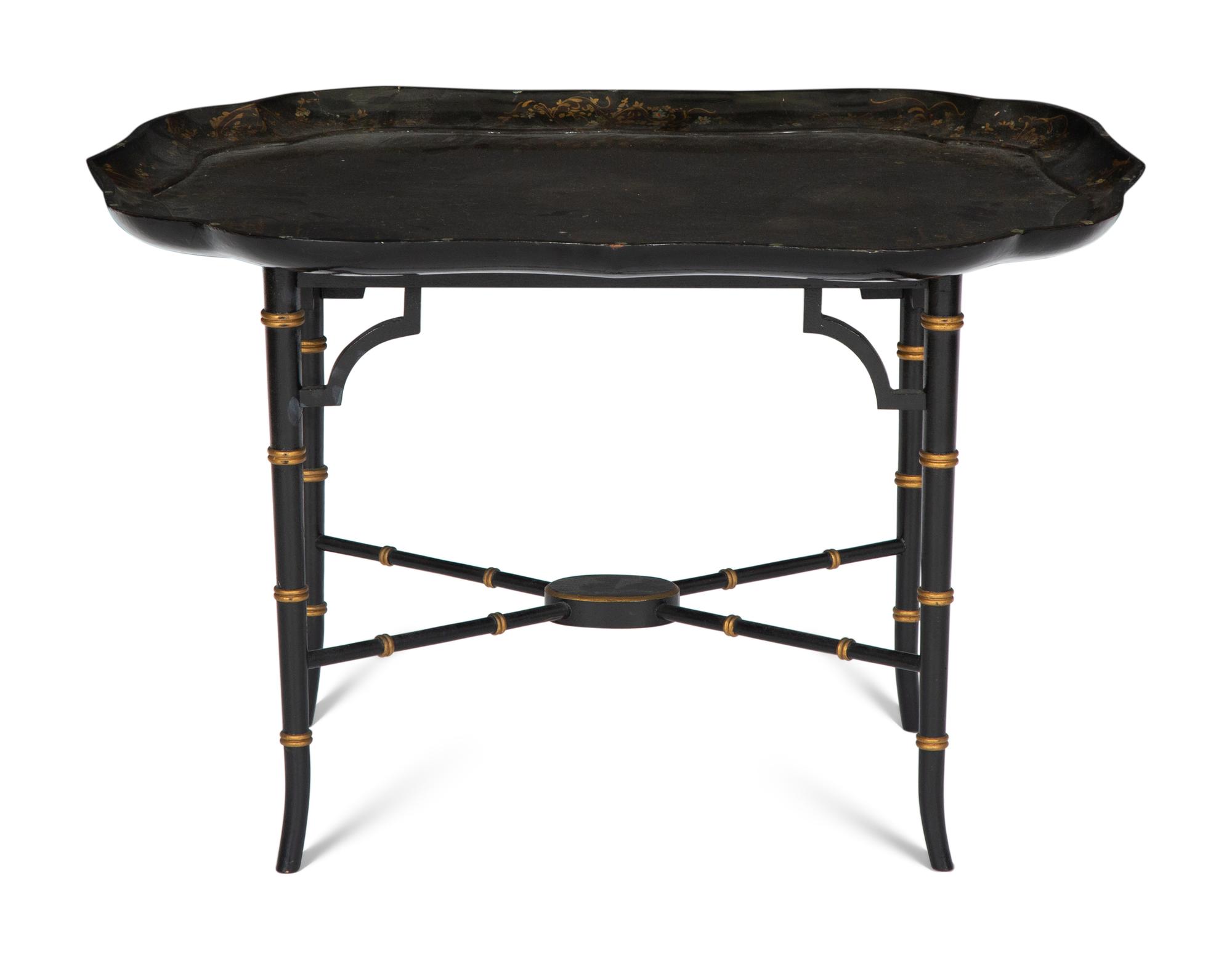 An Early Victorian Black Lacquered Papier Mache Tray on Stand