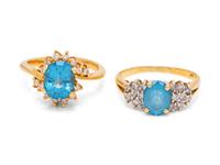 A Collection of 14 Karat Yellow Gold, Blue Topaz and Diamond Rings,