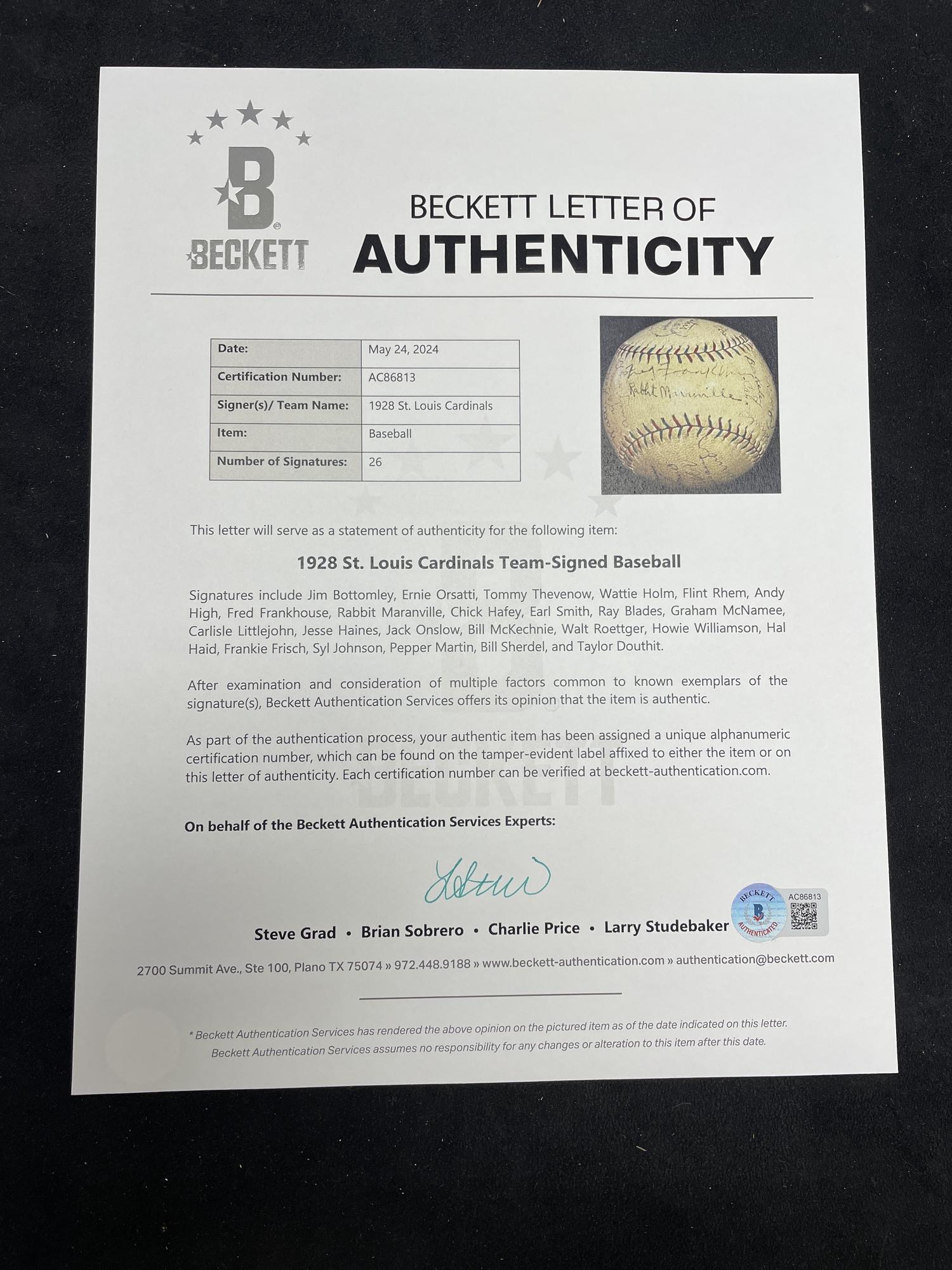 A 1928 St. Louis Cardinals Team Signed Autograph Baseball (Beckett Authentication Services)