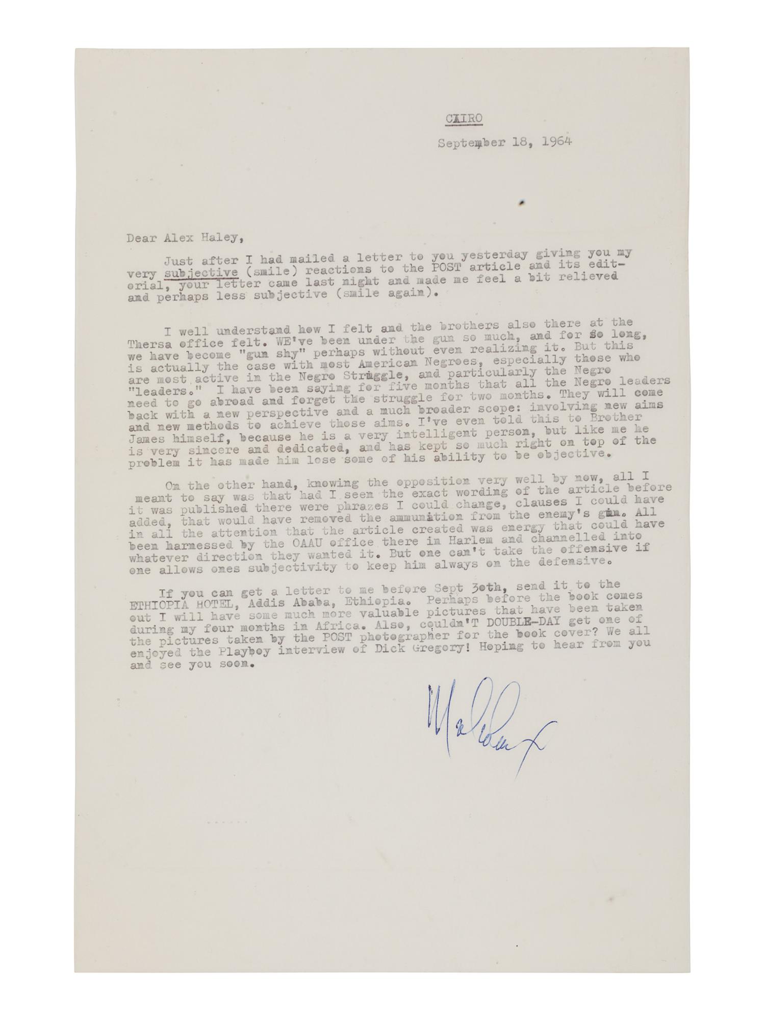 MALCOLM X (1925-1965). Typed letter signed ("Malcolm X"), to Alex Haley. Cairo, Egypt, 18 September 1964. " 1 page, 8vo.