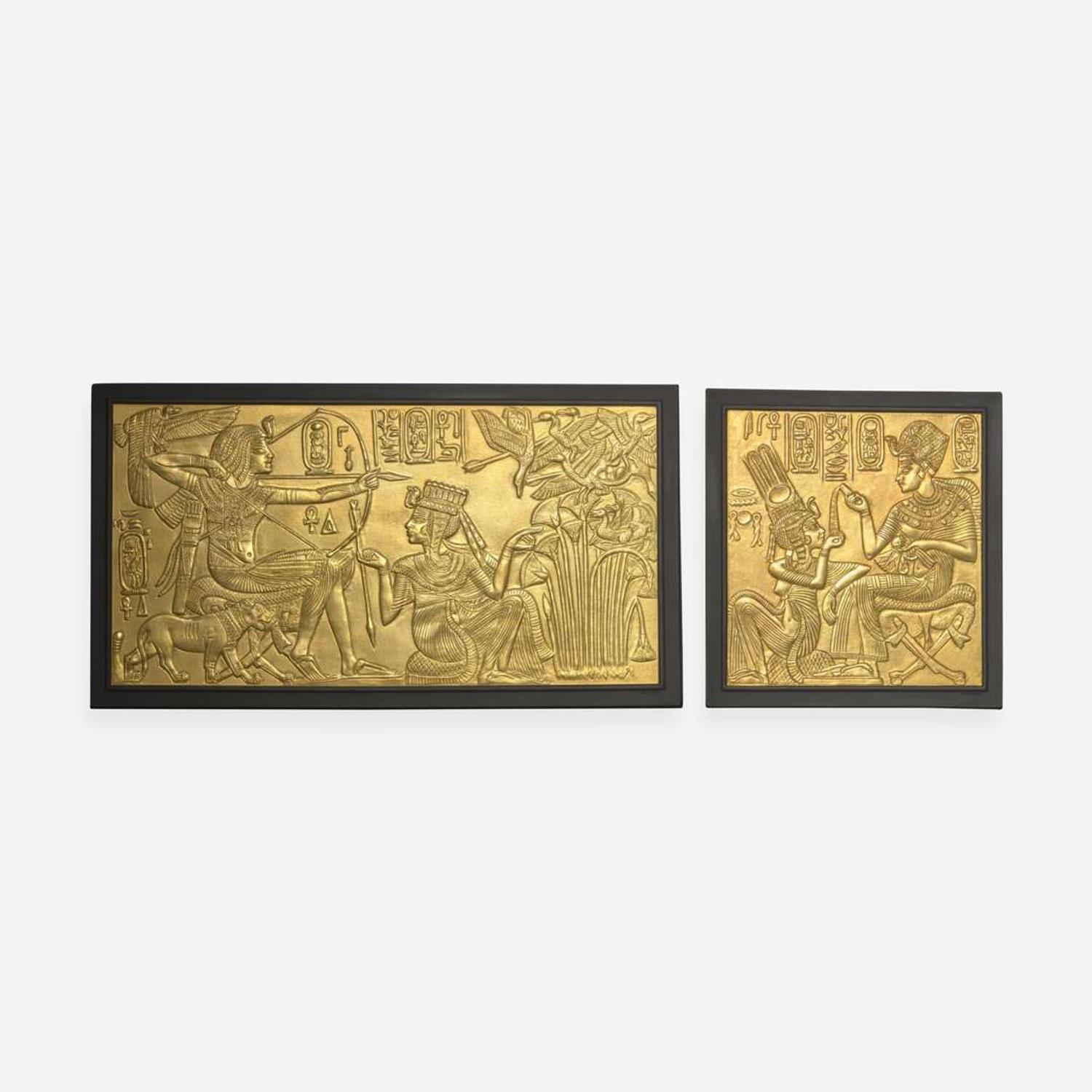 Two Gilt Black Basalt Tutankhamen Plaques UK, 1970s