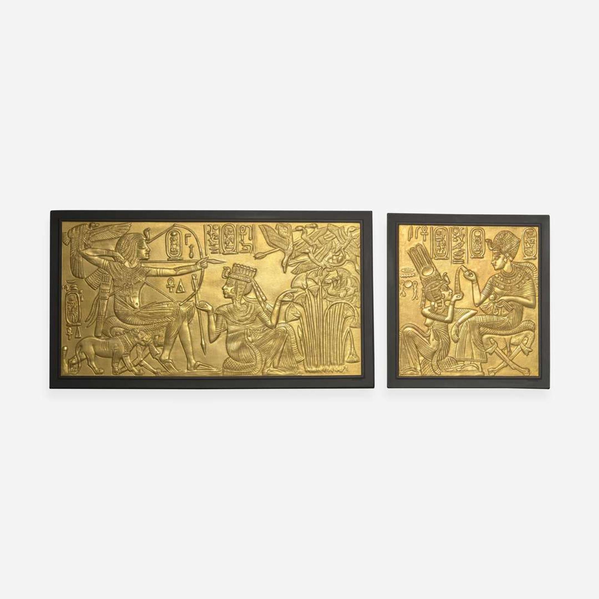 Two Gilt Black Basalt Tutankhamen Plaques UK, 1970s