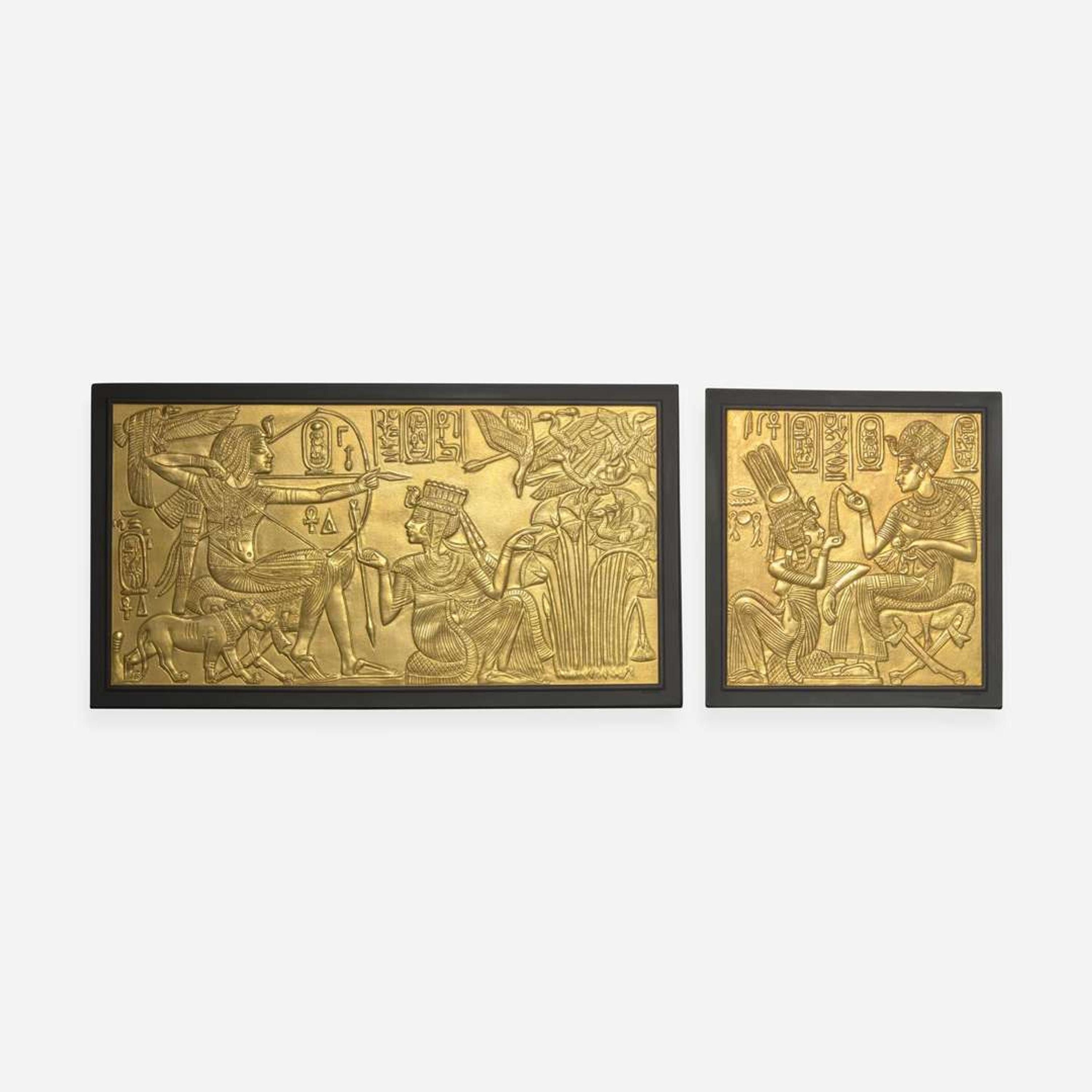 Two Gilt Black Basalt Tutankhamen Plaques UK, 1970s