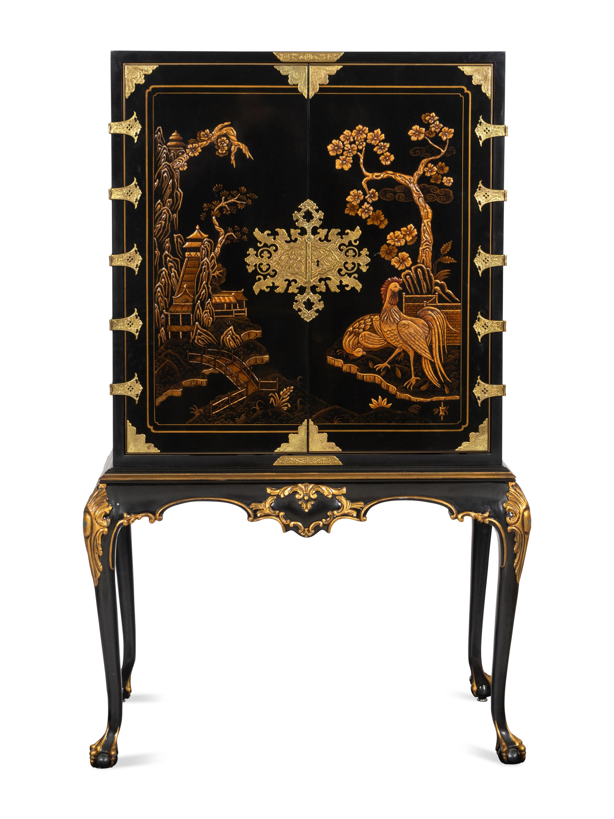 A Karges Queen Anne Style Black Lacquer and Gilt Japanned Bar Cabinet on Stand