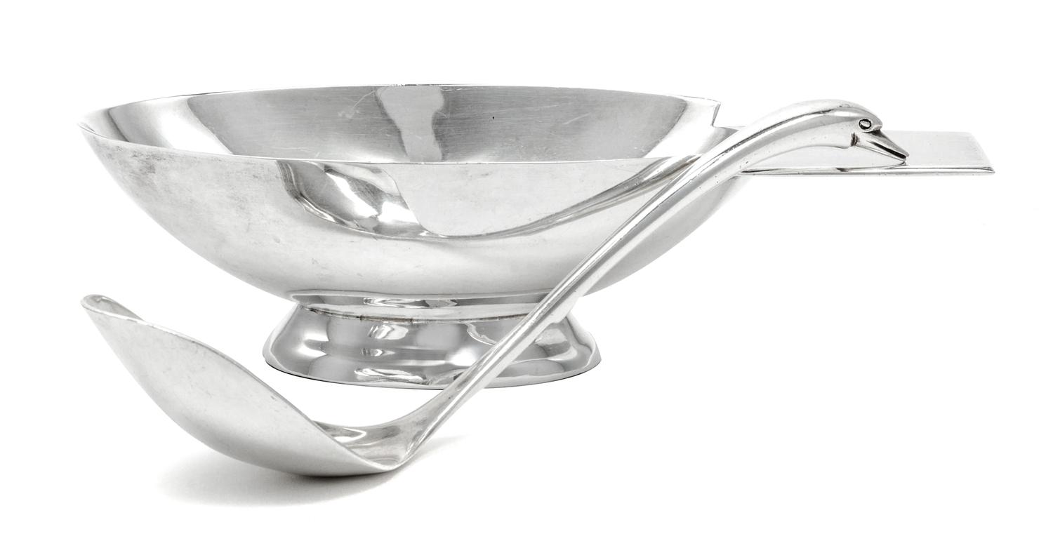 A Mexican Silver Sauce Boat and Ladle, Juvento Lopez Reyes, Mexico City, Early 20th Century, the ladle in the form of a swan.